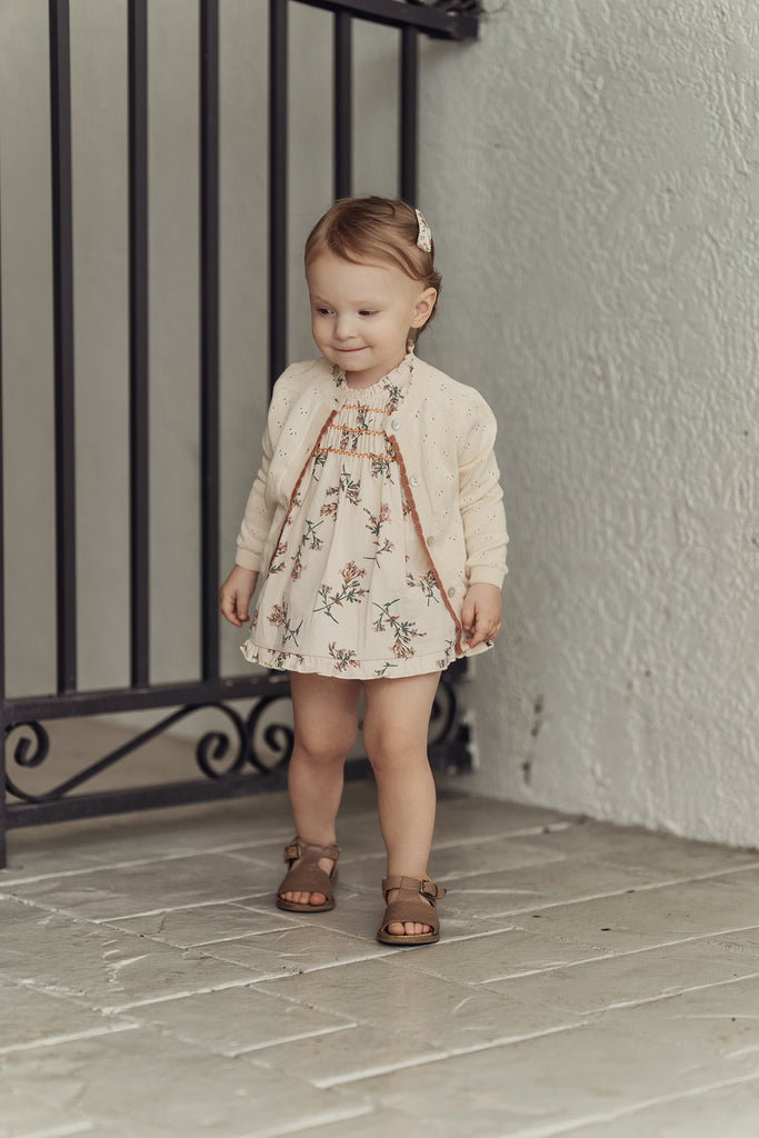 2pcs Toddler Girl Floral Print Sleeveless Dress and Ruffled Brown Cardigan Set