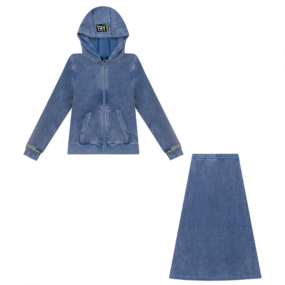 Multi Color Stitched Terry 2Pc Set in Denim Wash by Try