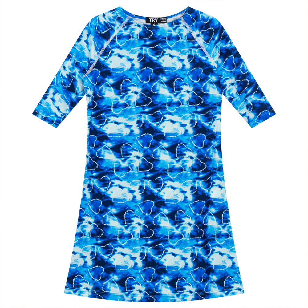 Tie Dye Heart and Star Print Swim Dress in Blue by Try