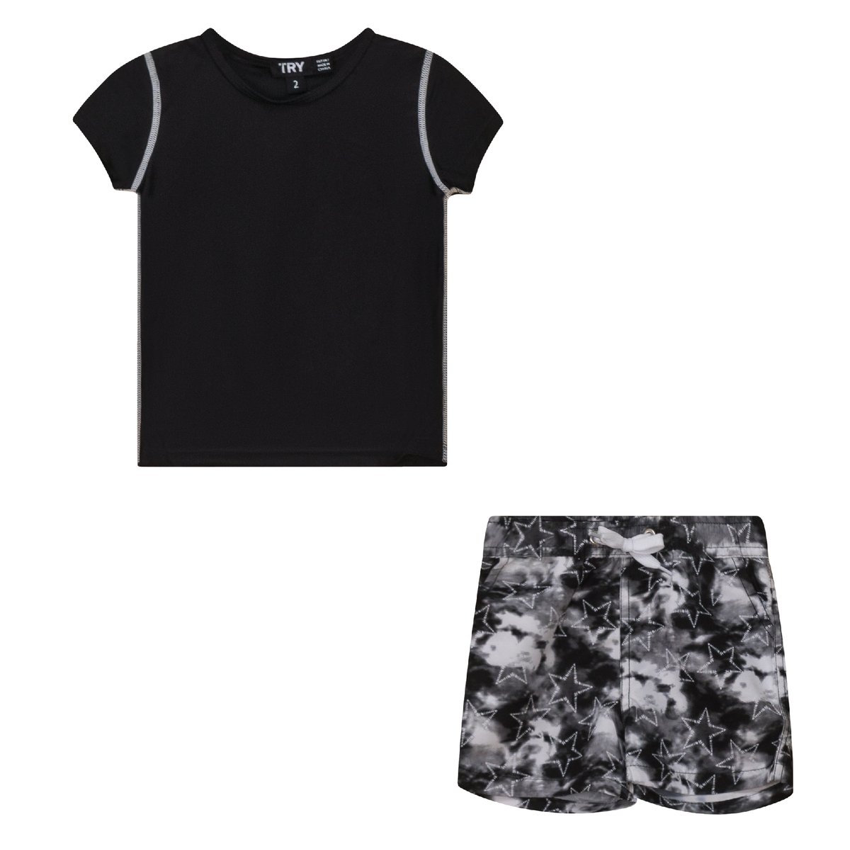 Tie Dye Star Print 2Pc Swim Set in Black by Try