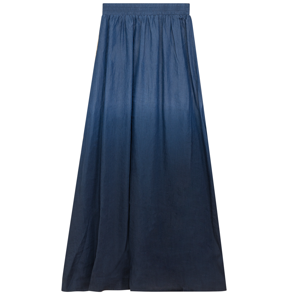Denim Dip Dye Maxi Skirt in Dark Denim Wash by Midi