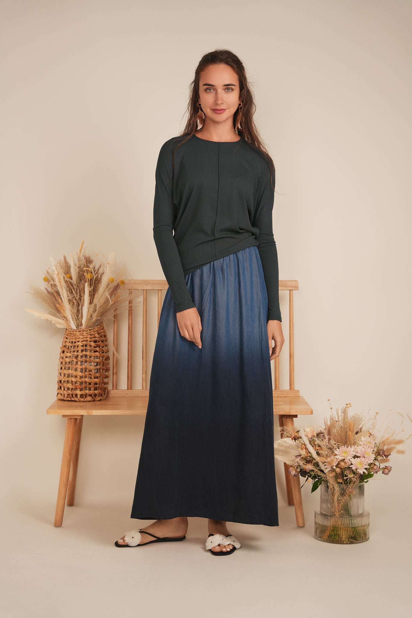 Denim Dip Dye Maxi Skirt in by Midi