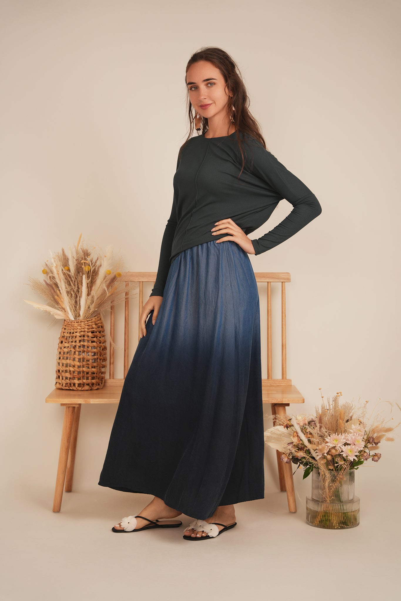 Denim Dip Dye Maxi Skirt in by Midi