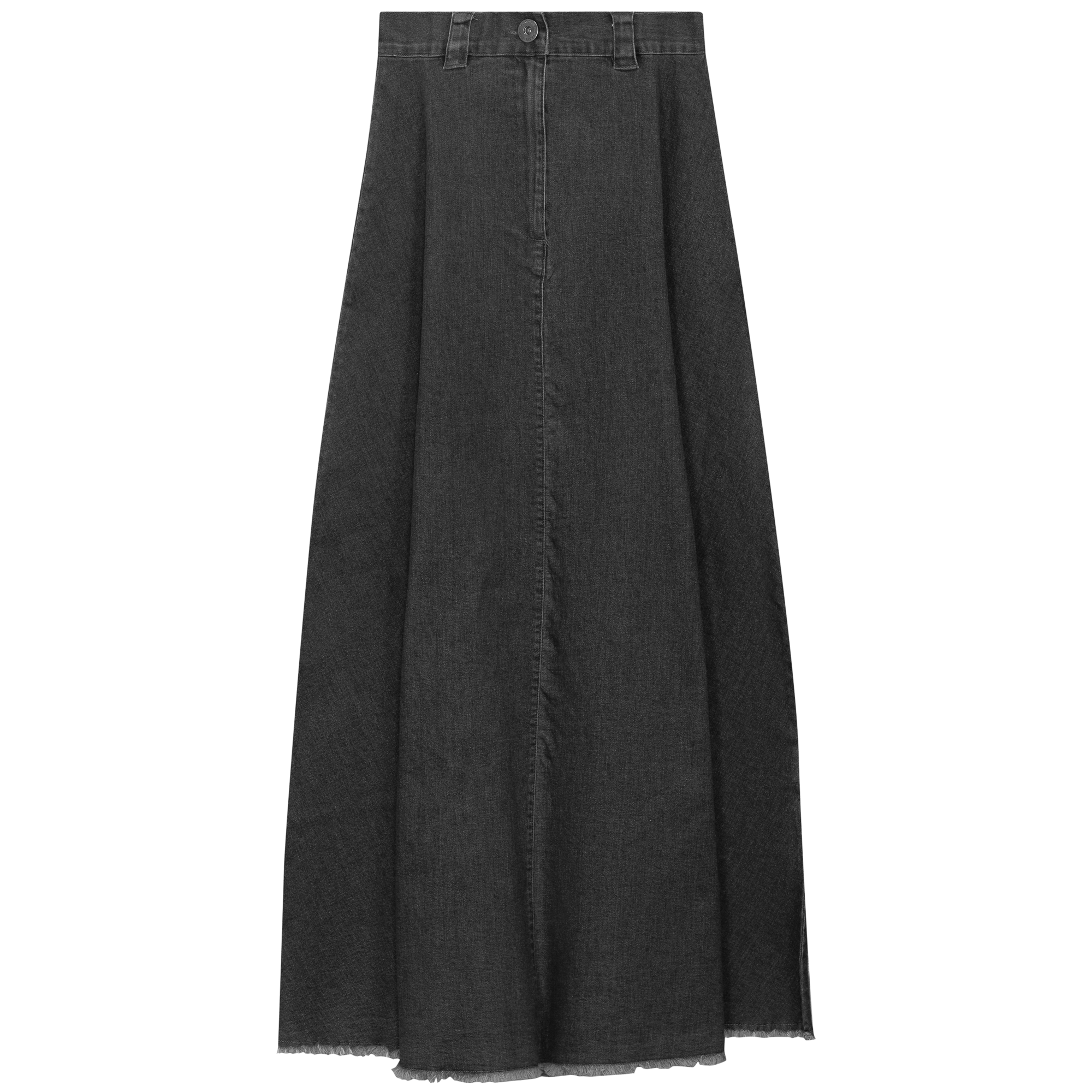 Maxi Denim A Line Fringe Skirt in Black Denim Wash by Faves