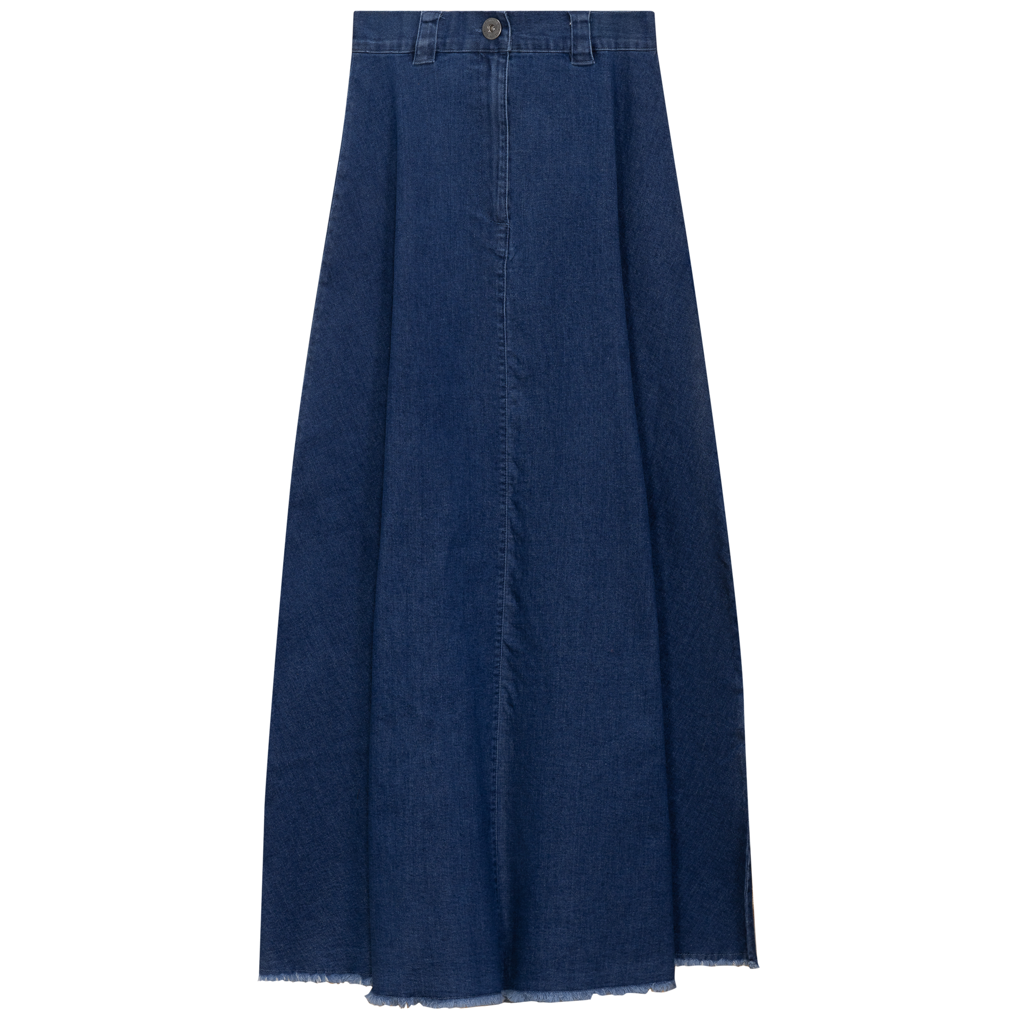 Maxi Denim A Line Fringe Skirt in Dark Denim by Faves