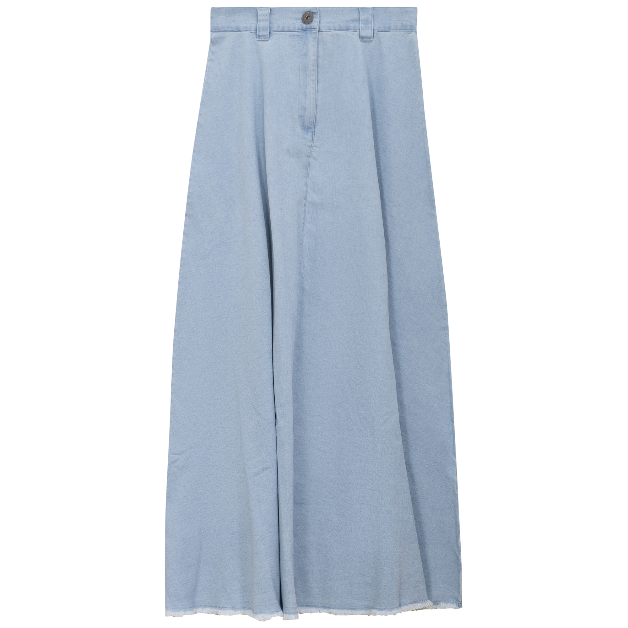 Maxi Denim A Line Fringe Skirt in Light Denim by Faves