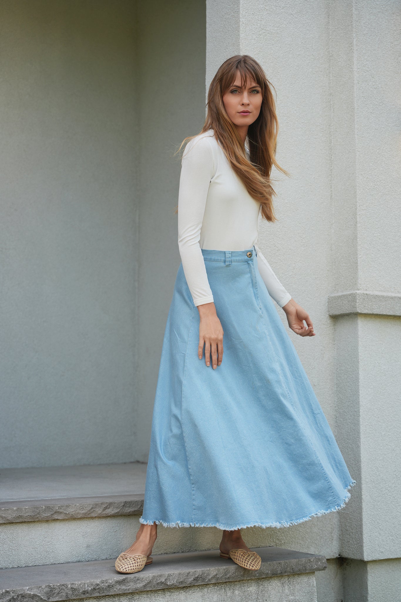 Maxi Denim A Line Fringe Skirt in by Faves