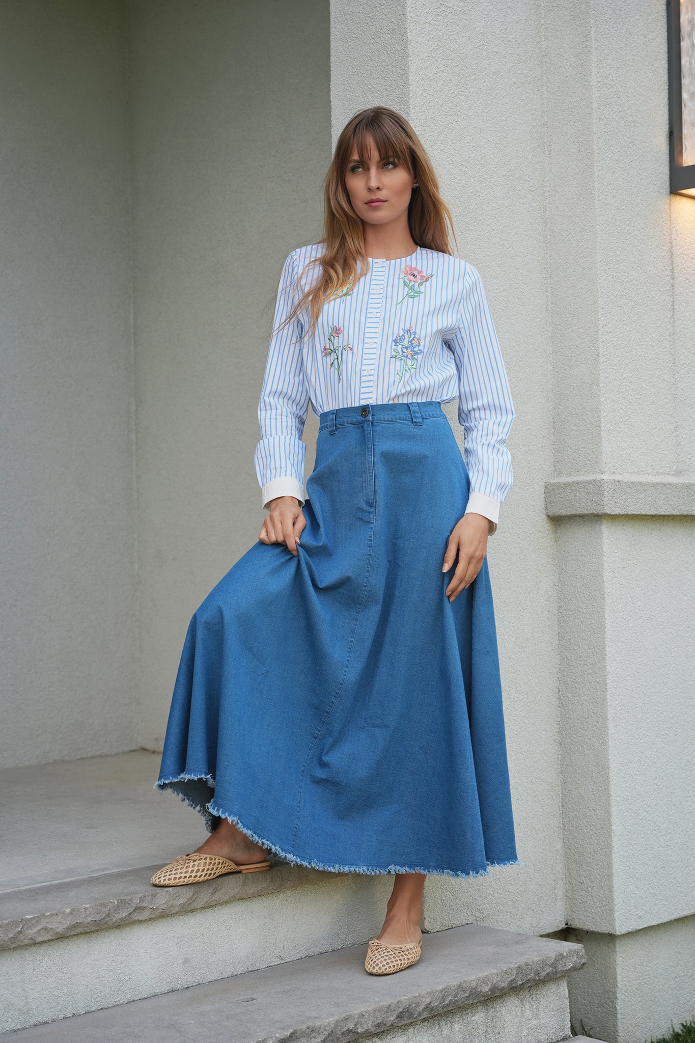 Maxi Denim A Line Fringe Skirt in by Faves