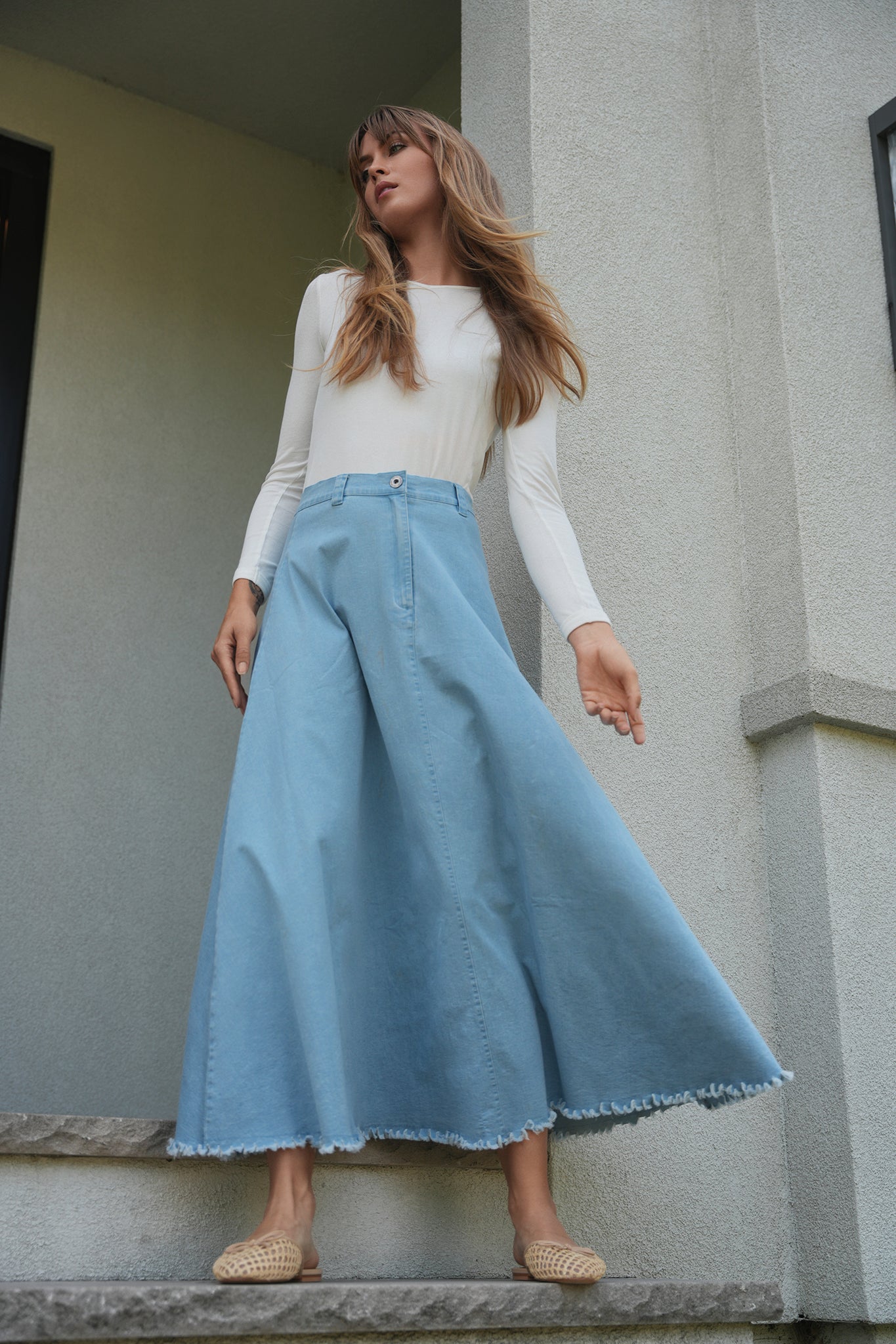 Maxi Denim A Line Fringe Skirt in by Faves