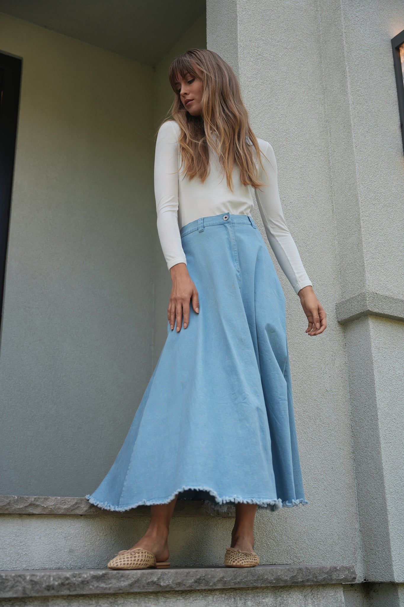 Maxi Denim A Line Fringe Skirt in by Faves