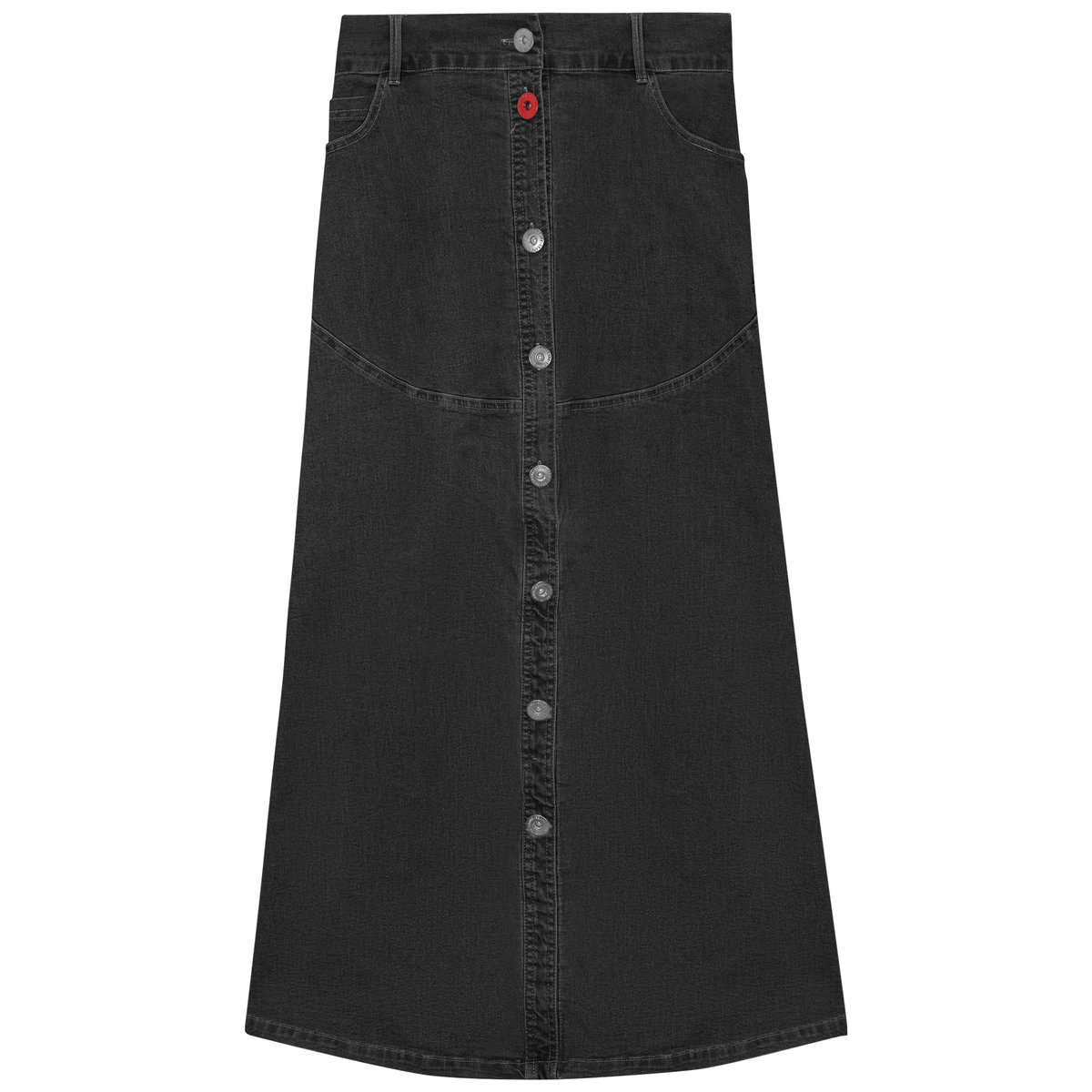 Flared Denim Maxi Button Skirt in Black Denim by Faves