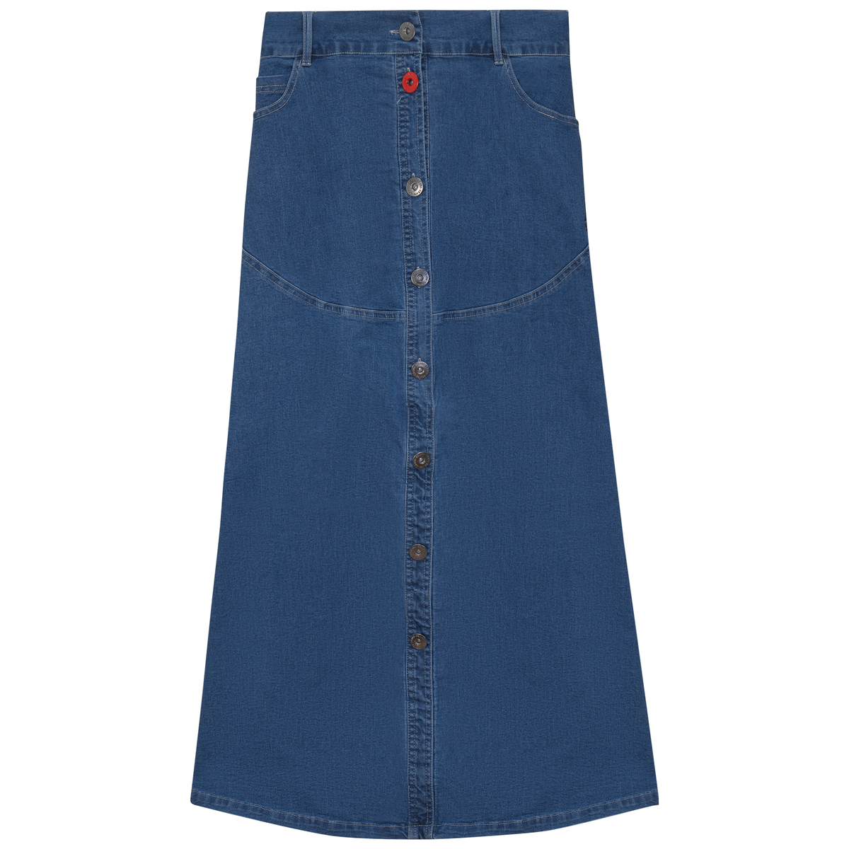 Flared Denim Maxi Button Skirt in Dark Denim by Faves