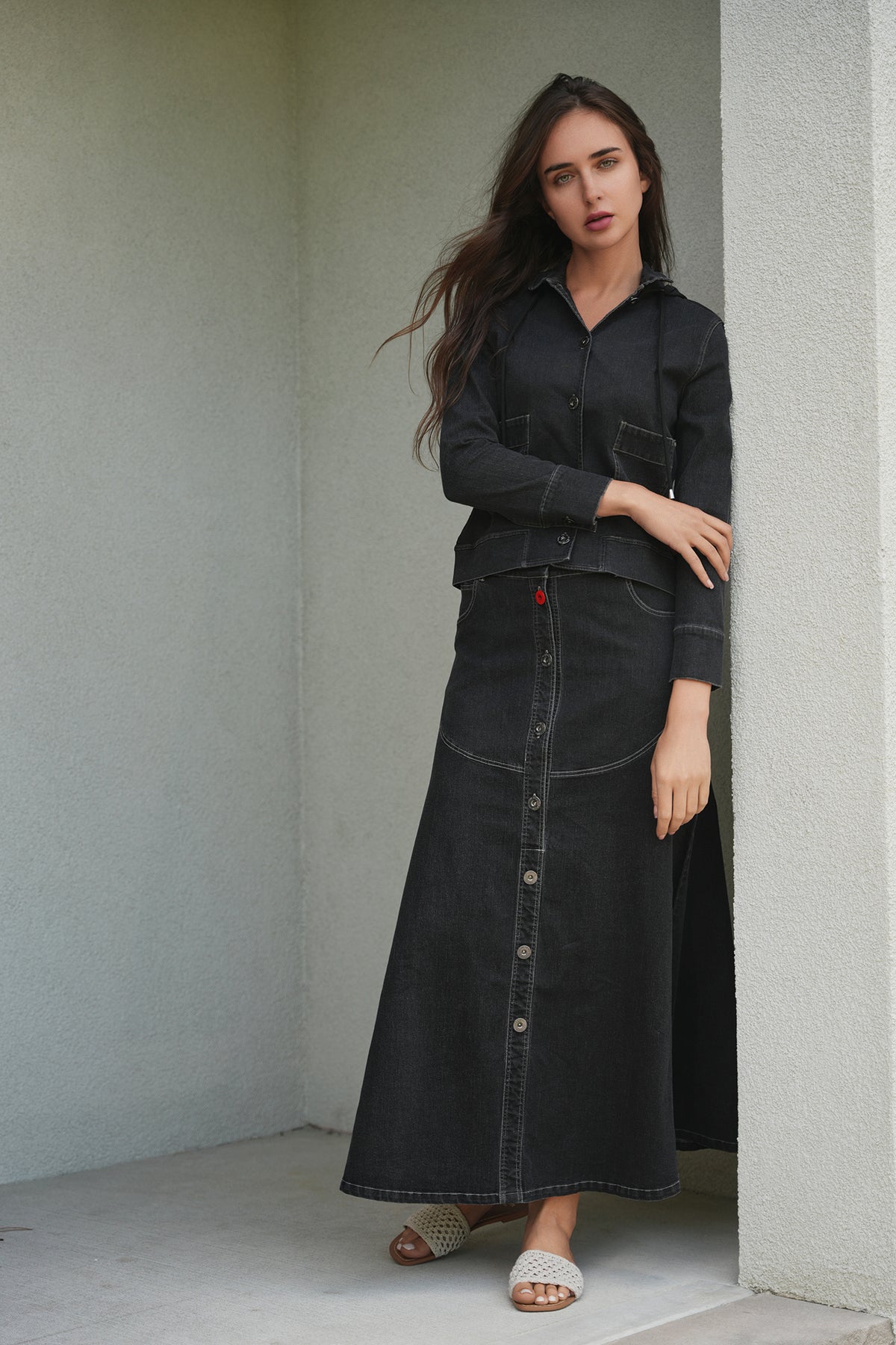 Flared Denim Maxi Button Skirt in by Faves