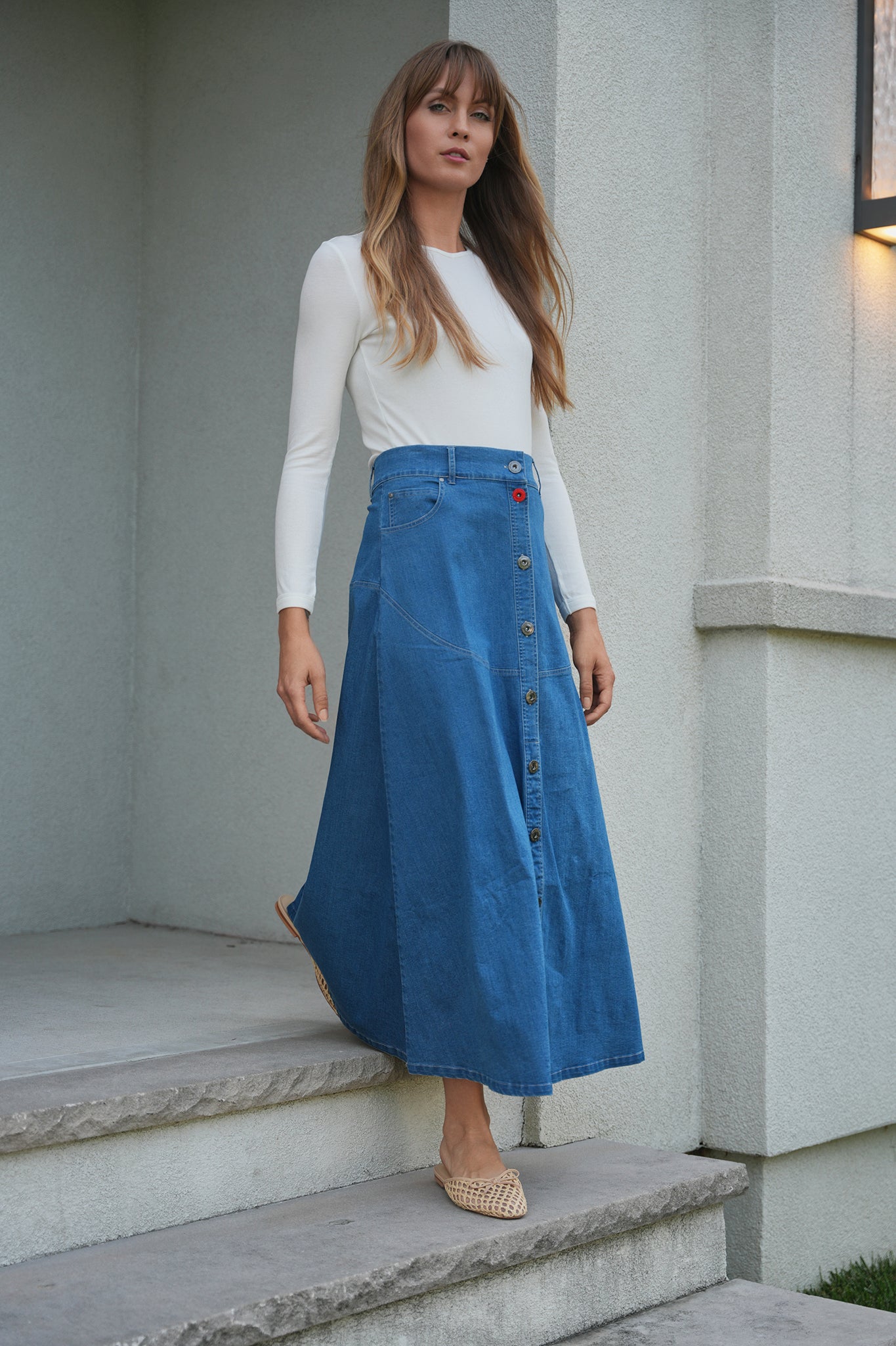 Flared Denim Maxi Button Skirt