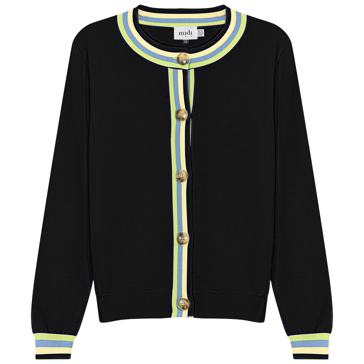 Crew Neck Knit Contrast Stripe Cardigan in Black by Midi