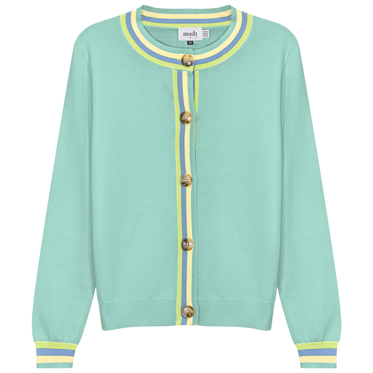 Crew Neck Knit Contrast Stripe Cardigan in Mint by Midi