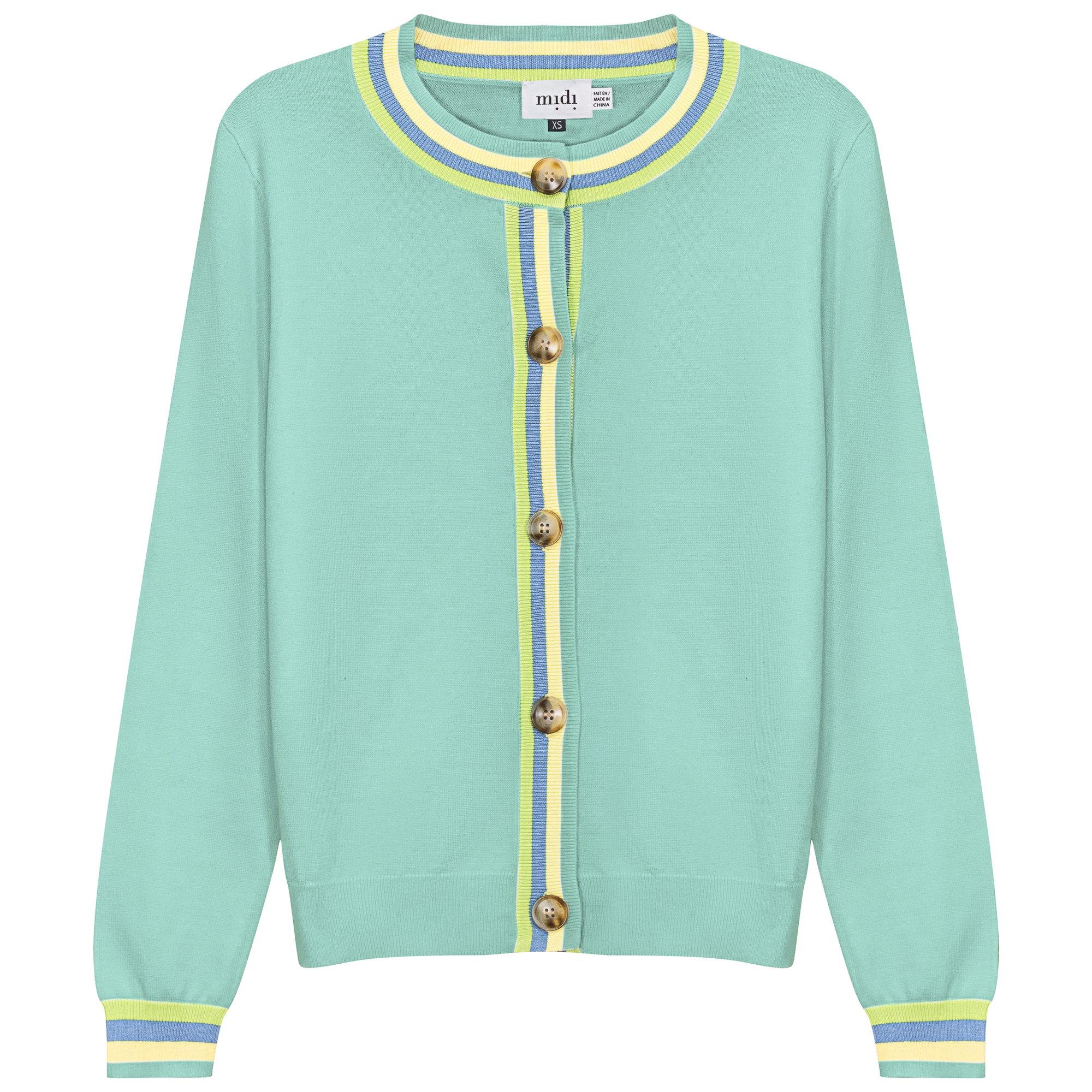 Crew Neck Knit Contrast Stripe Cardigan in Mint by Midi