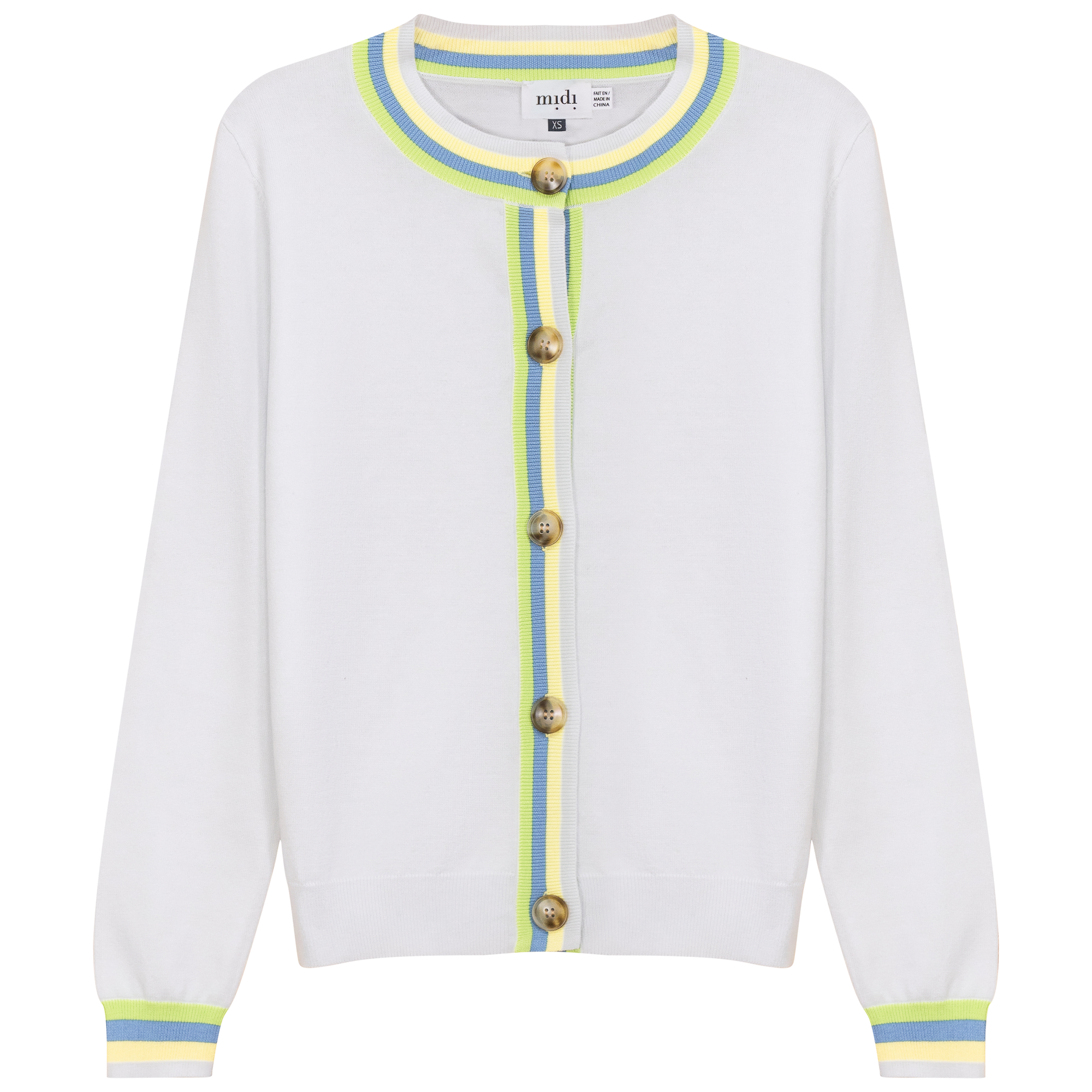 Crew Neck Knit Contrast Stripe Cardigan in White by Midi