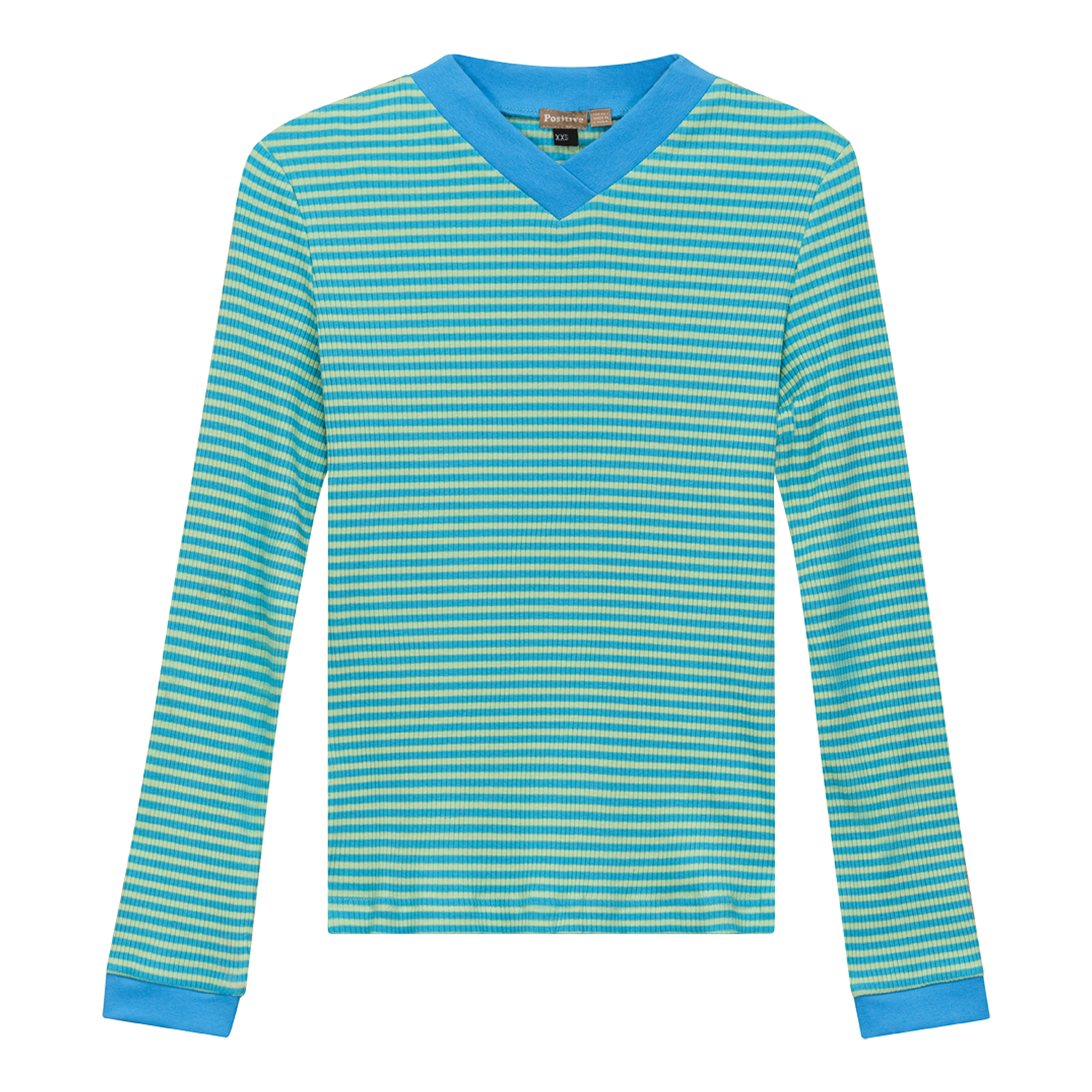 Striped V Neck Contrast Tee in Blue Mint by Positive