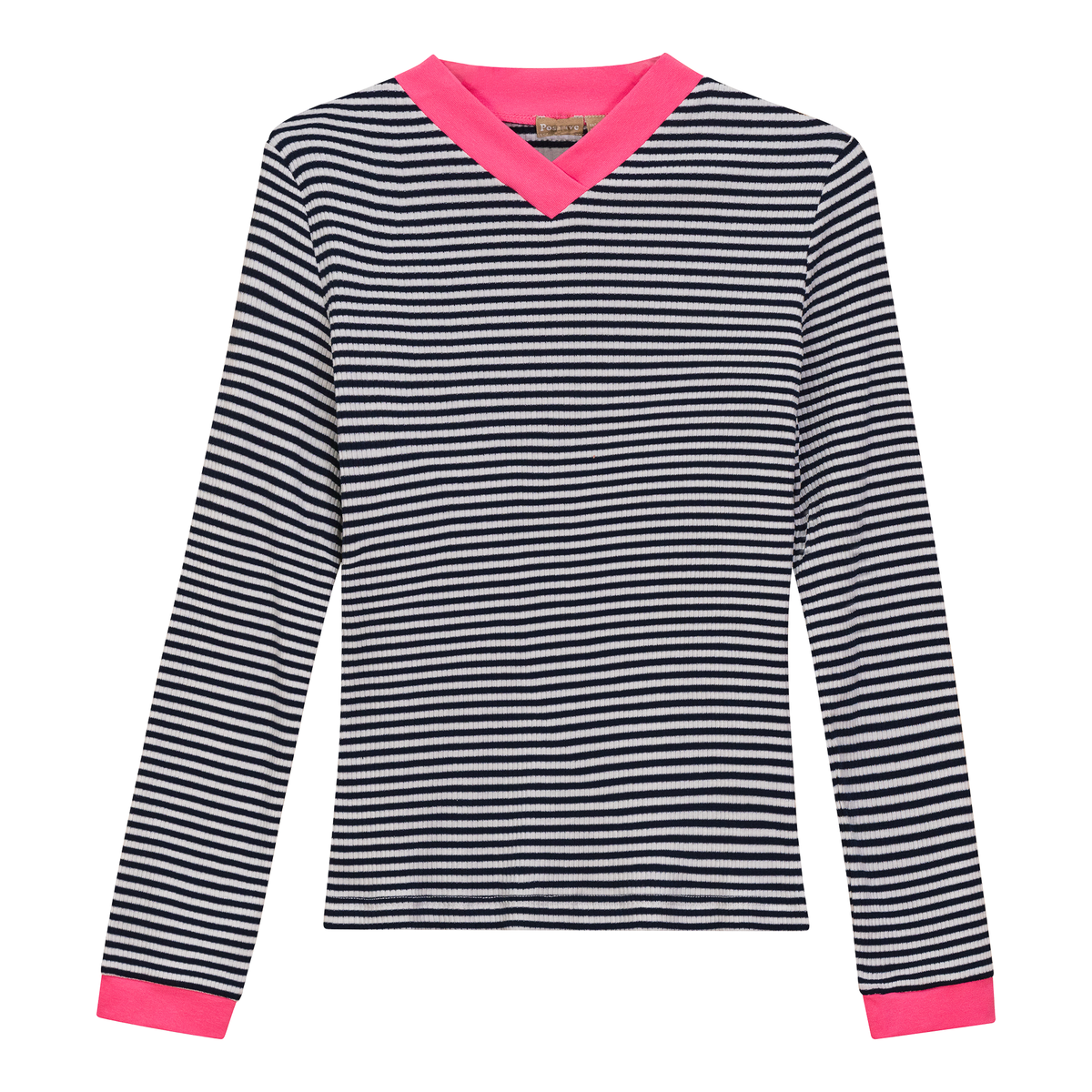 Striped V Neck Contrast Tee in Dark Denim White by Positive