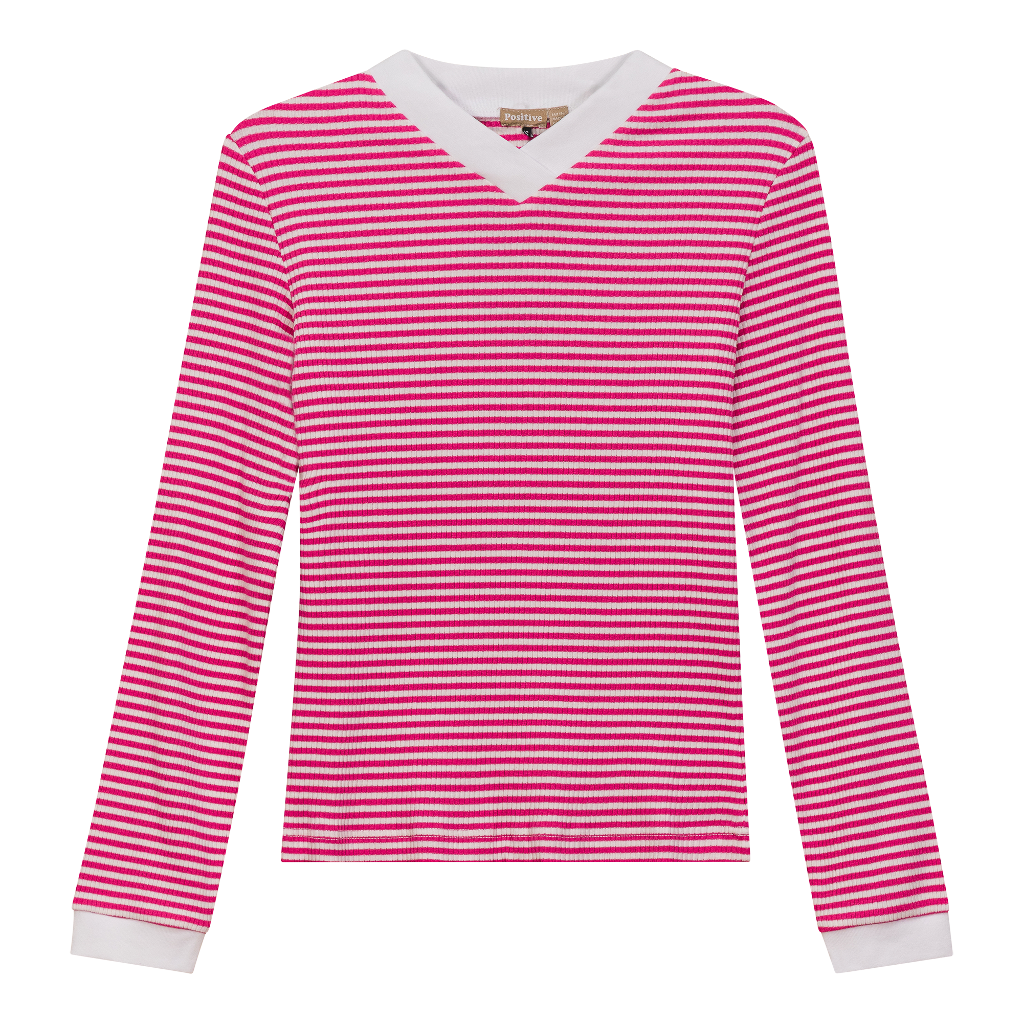 Striped V Neck Contrast Tee in Dark Pink White by Positive