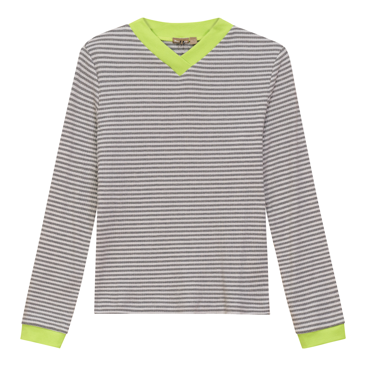 Striped V Neck Contrast Tee in Grey White by Positive