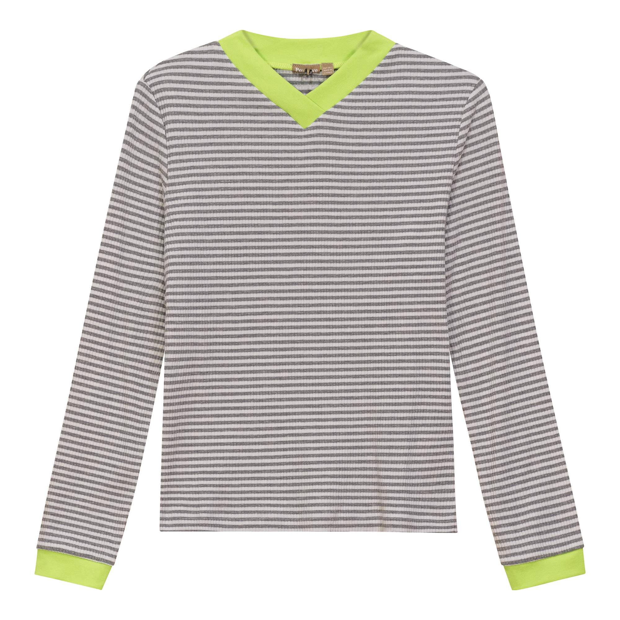 Striped V Neck Contrast Tee in Grey White by Positive