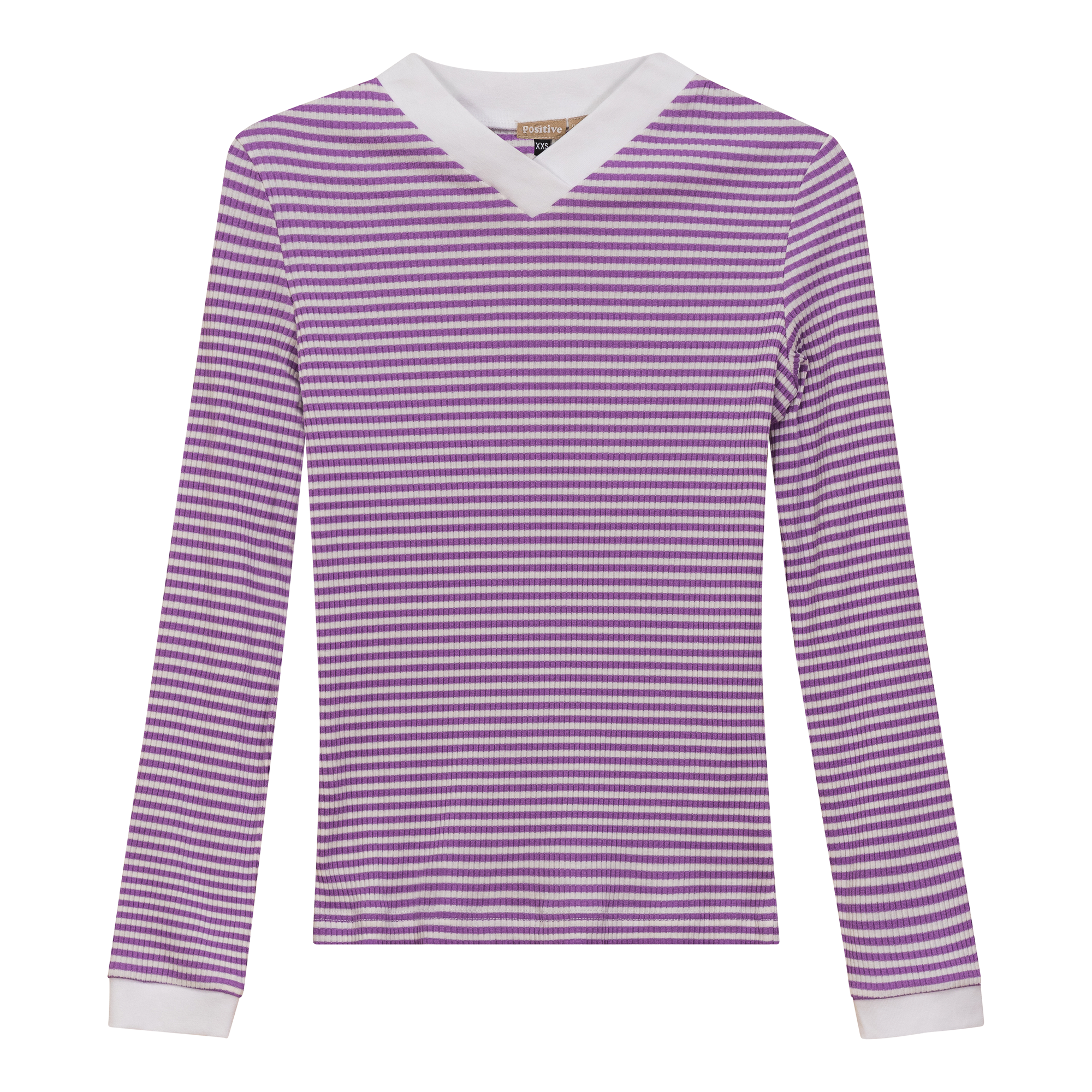 Striped V Neck Contrast Tee in Lavender White by Positive