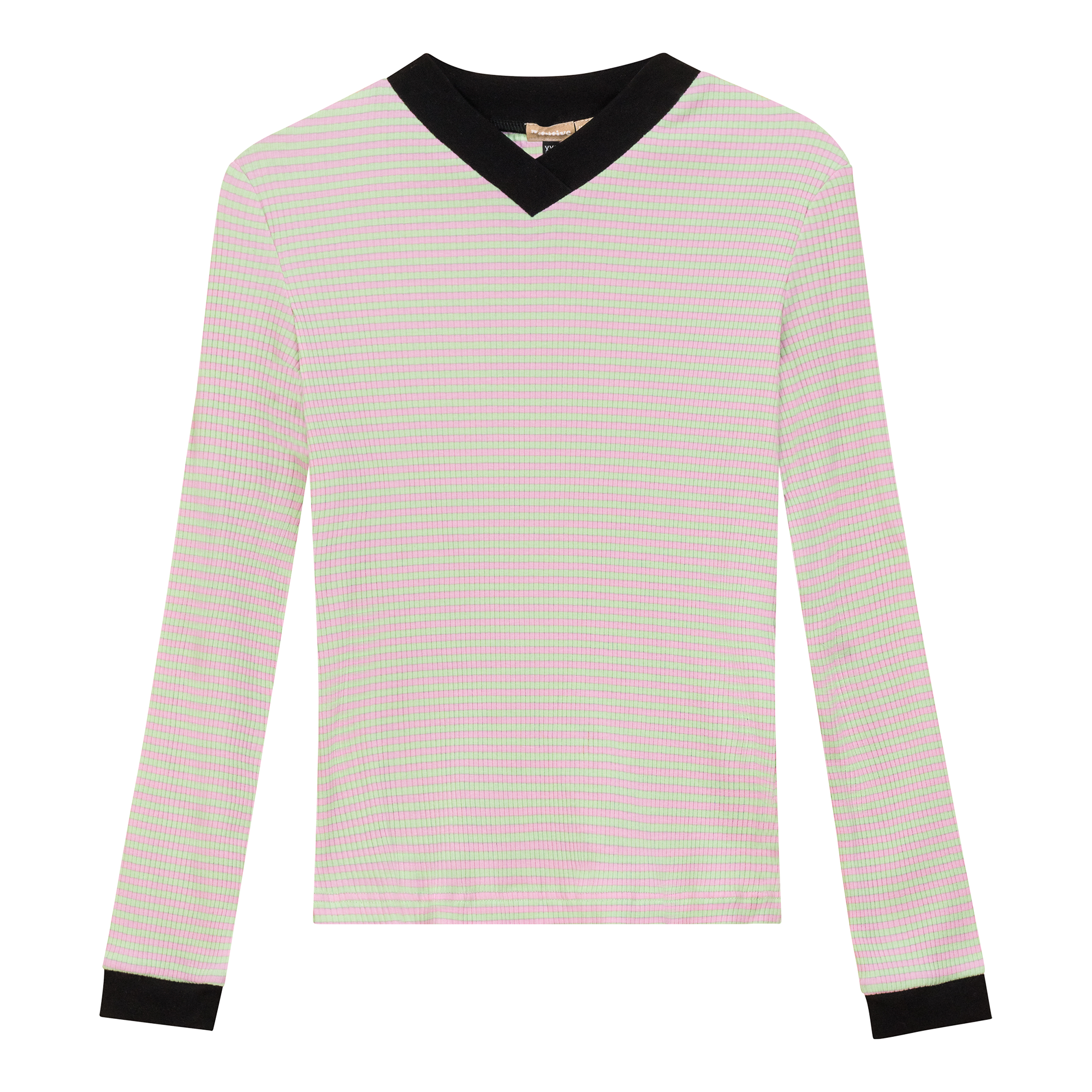 Striped V Neck Contrast Tee in Pink Mint by Positive