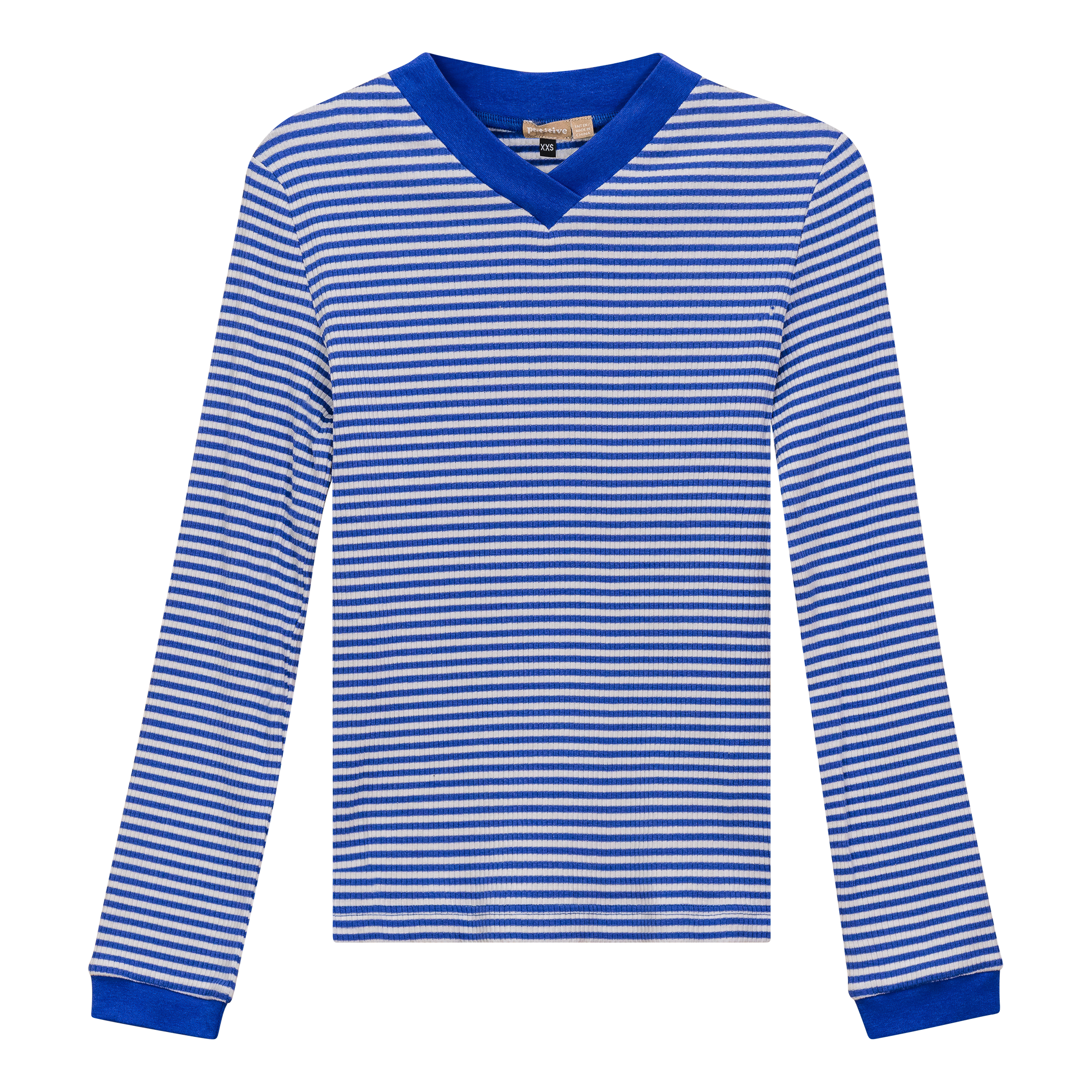 Striped V Neck Contrast Tee in Sapphire White by Positive