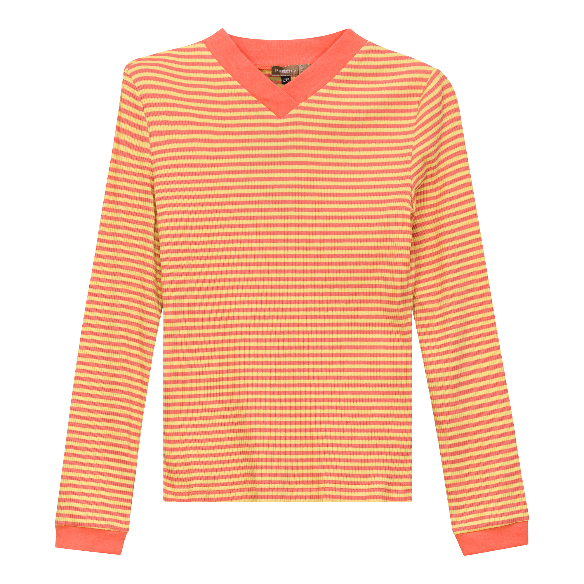 Striped V Neck Contrast Tee in Yellow Salmon by Positive