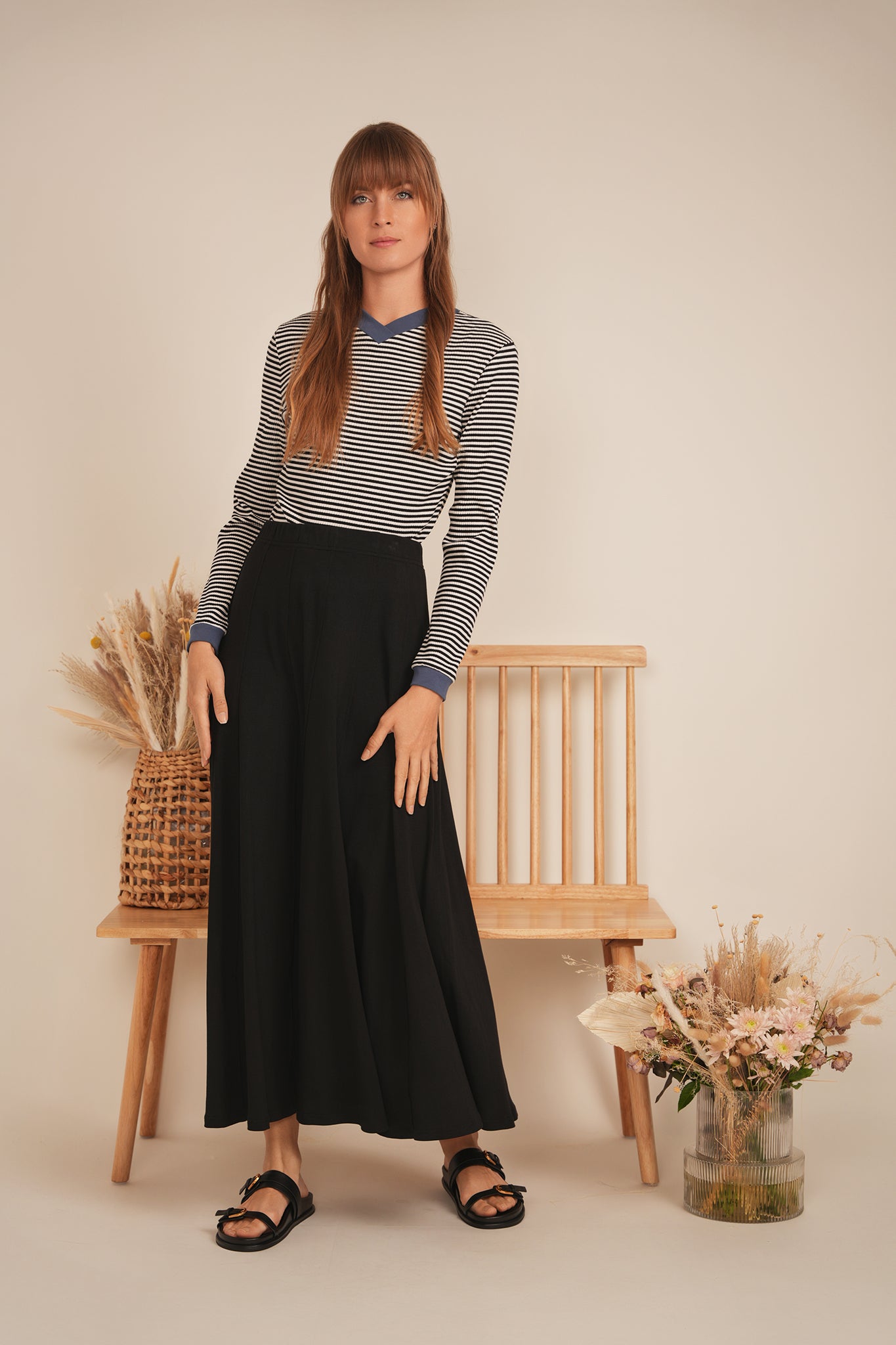 Striped V Neck Contrast Tee in by Positive