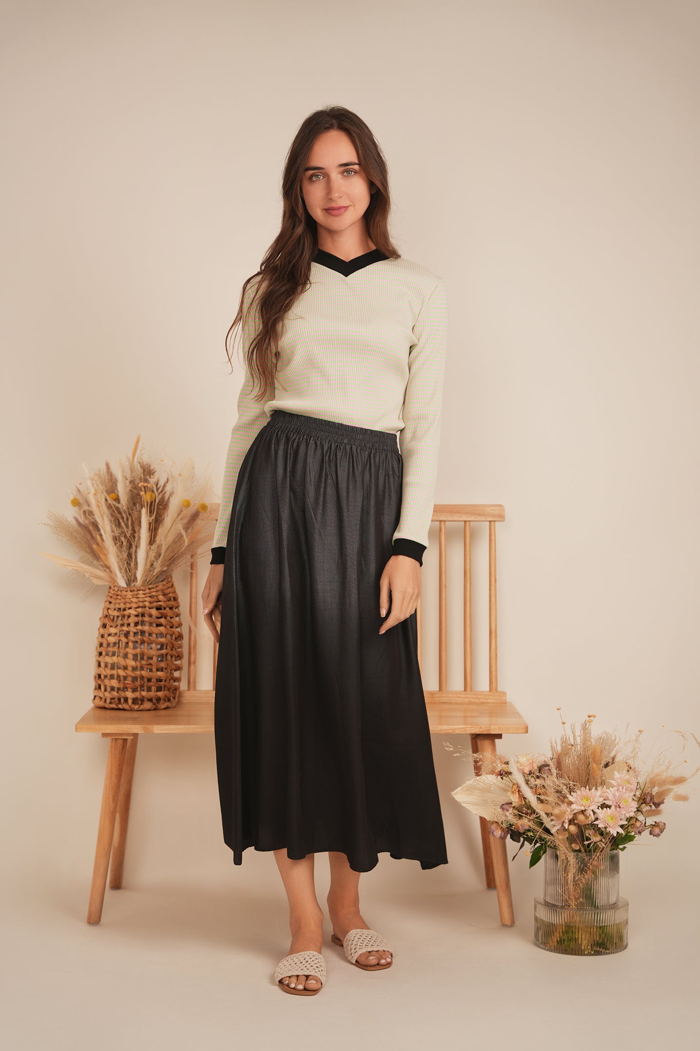 Striped V Neck Contrast Tee in by Positive