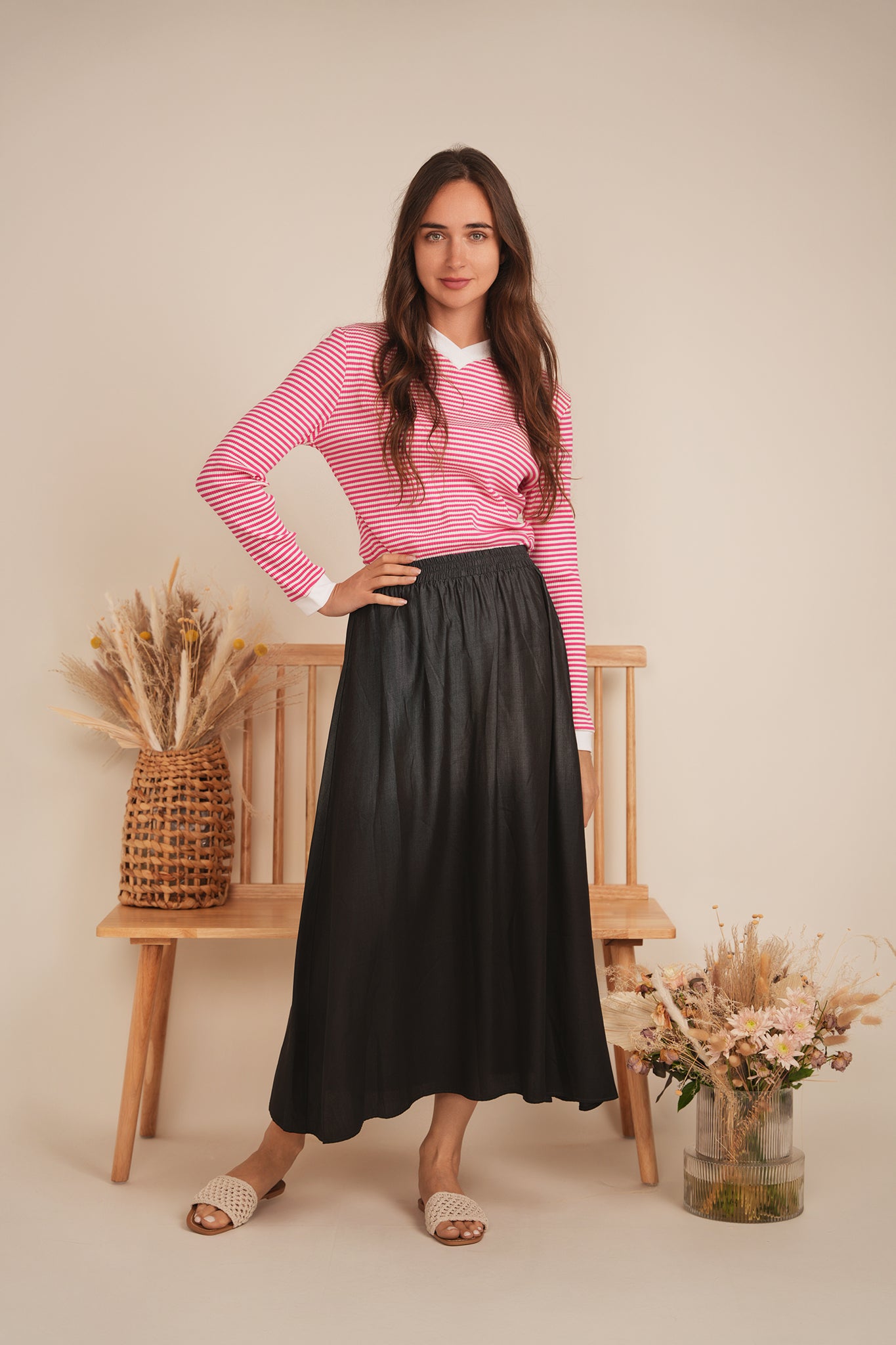 Striped V Neck Contrast Tee in by Positive