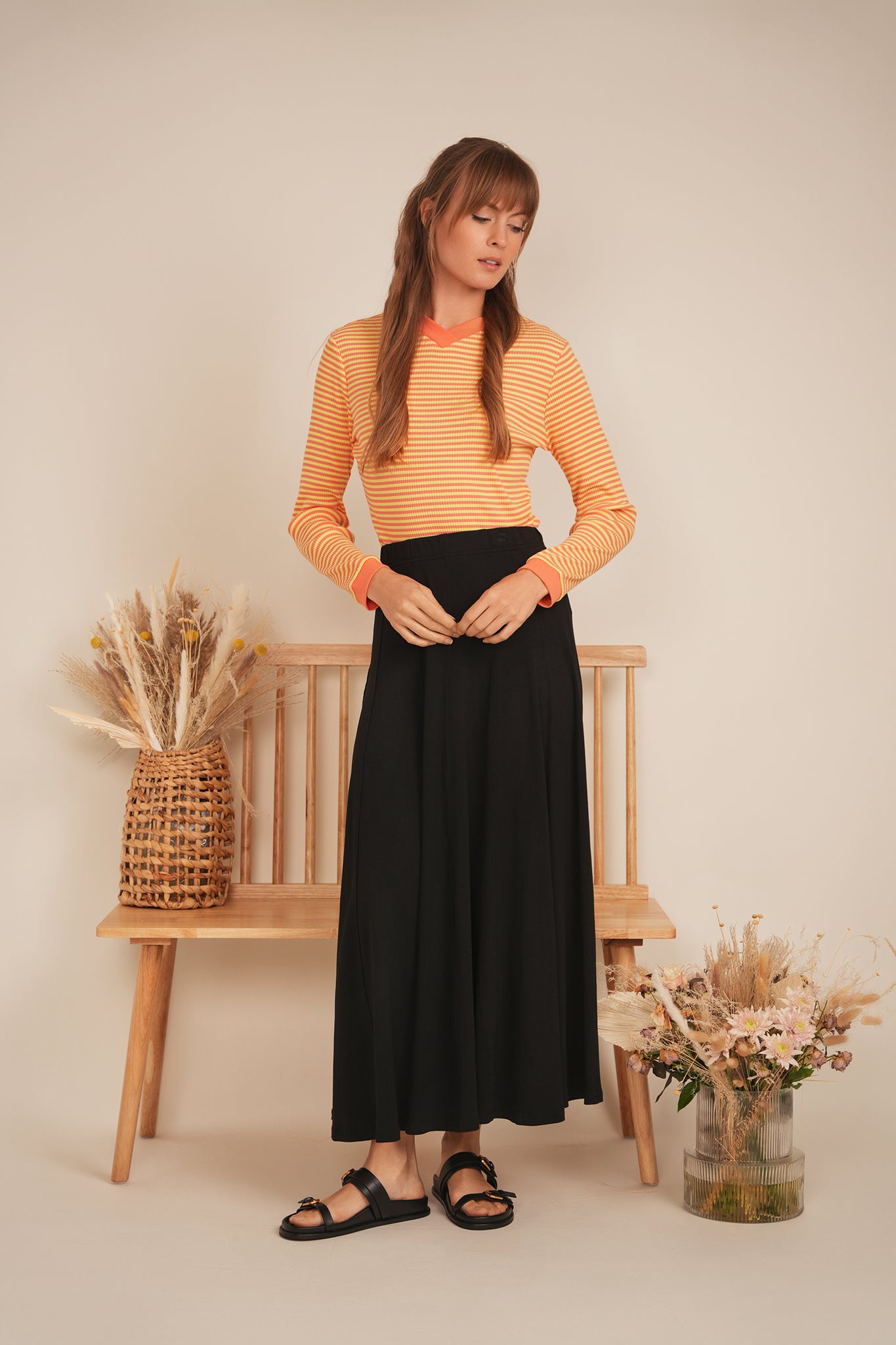 Striped V Neck Contrast Tee in by Positive