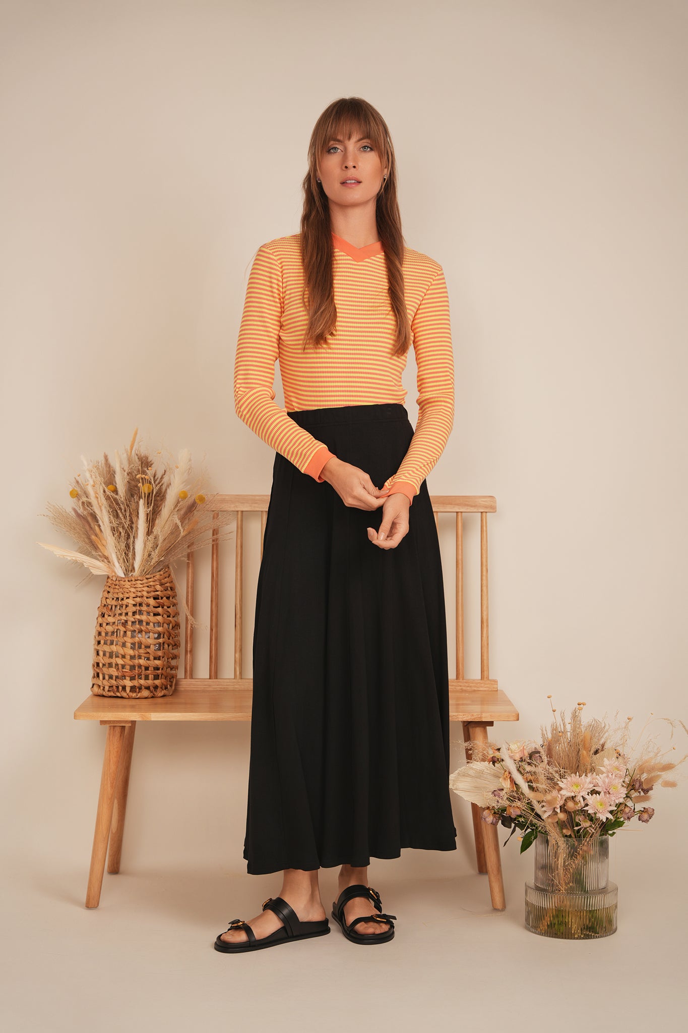 Striped V Neck Contrast Tee in by Positive