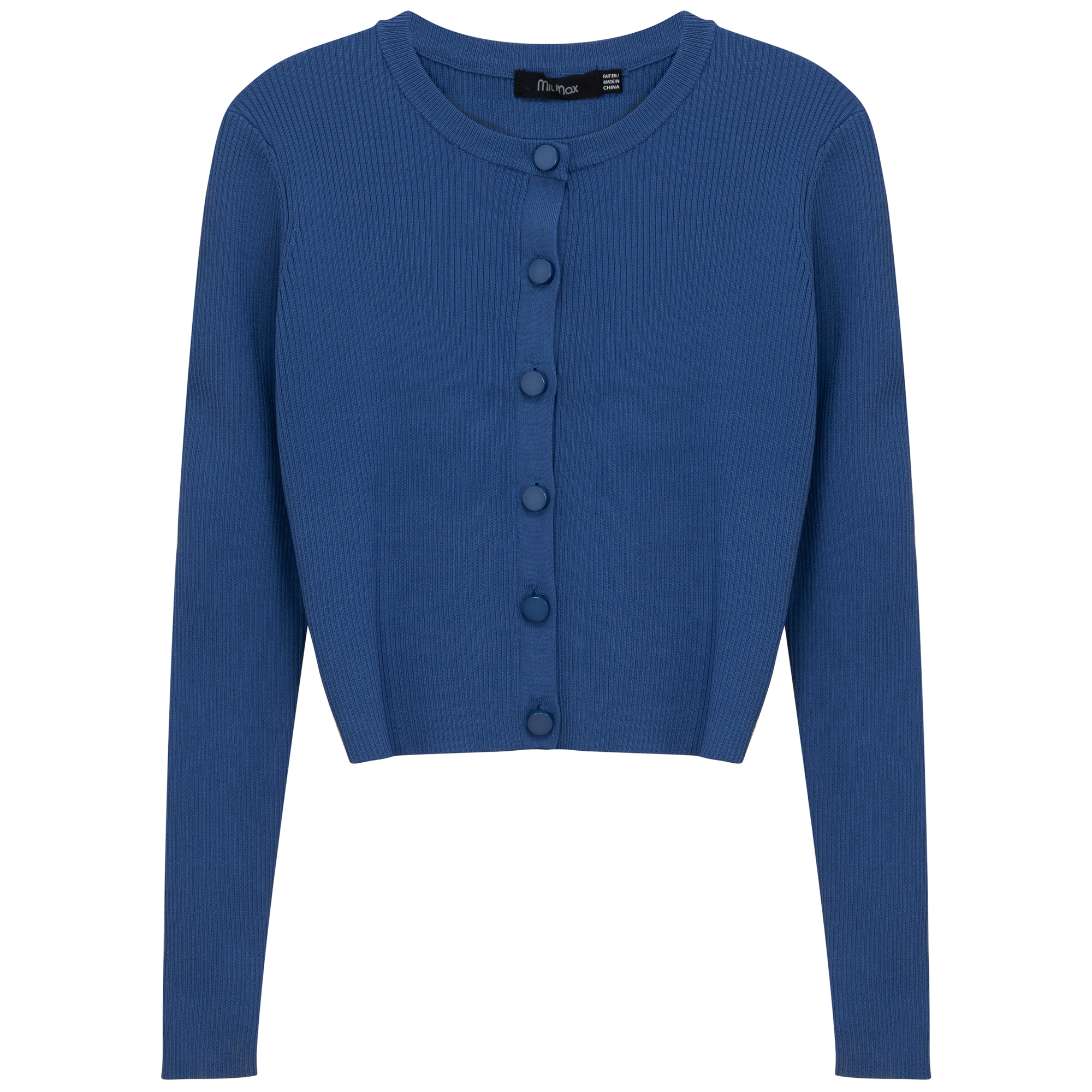 Cropped Fit Ribbed Knit Cardigan in Dark Denim by MiuMax