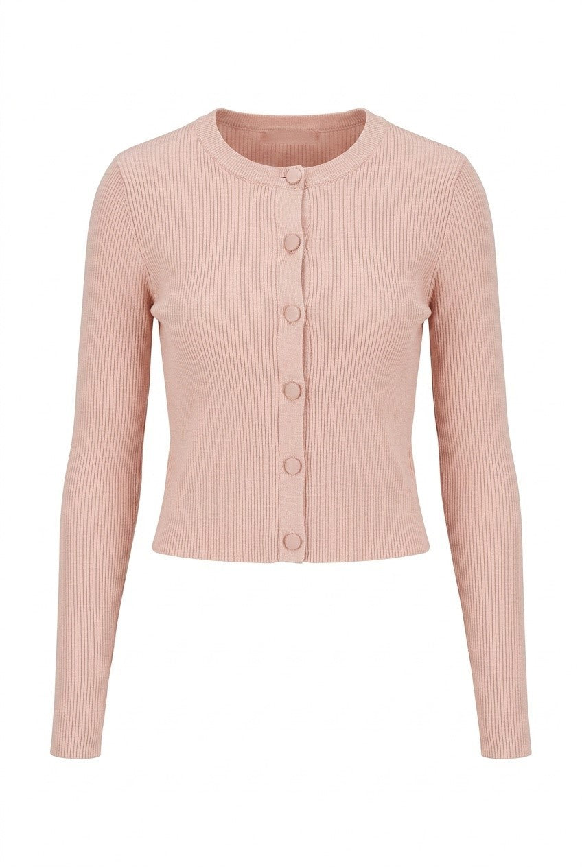 Cropped Fit Ribbed Knit Cardigan in Misty Rose by MiuMax