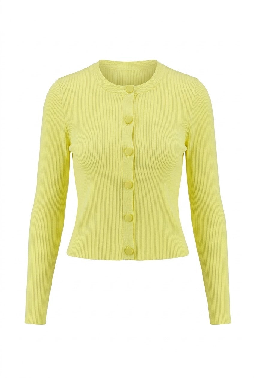 Cropped Fit Ribbed Knit Cardigan in Pale Yellow by MiuMax