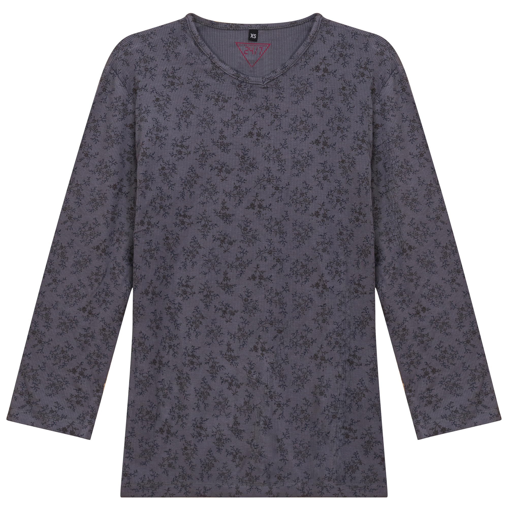 Ribbed V Neck Printed Tee in Blue Grey by 24/7