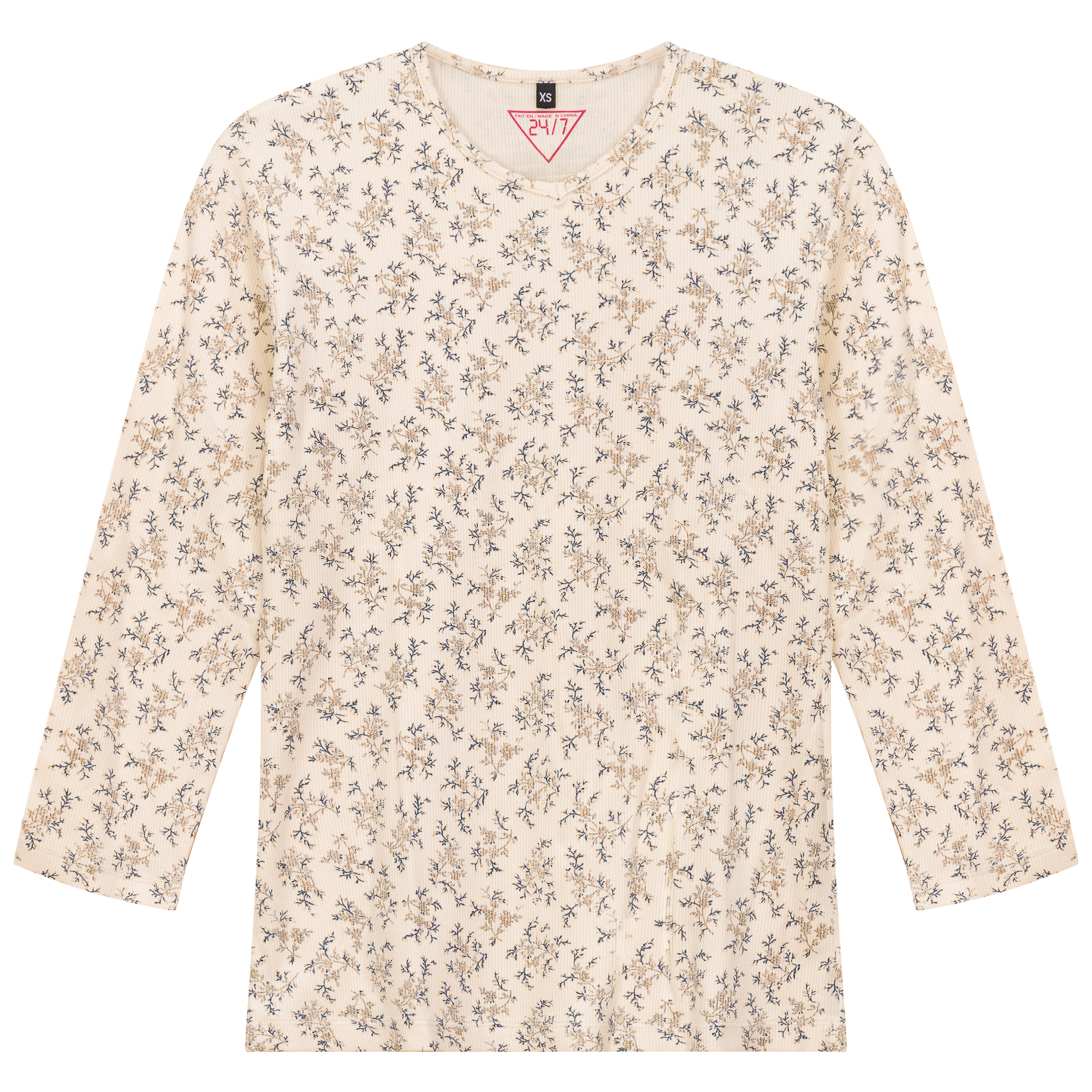 Ribbed V Neck Printed Tee in Cream by 24/7