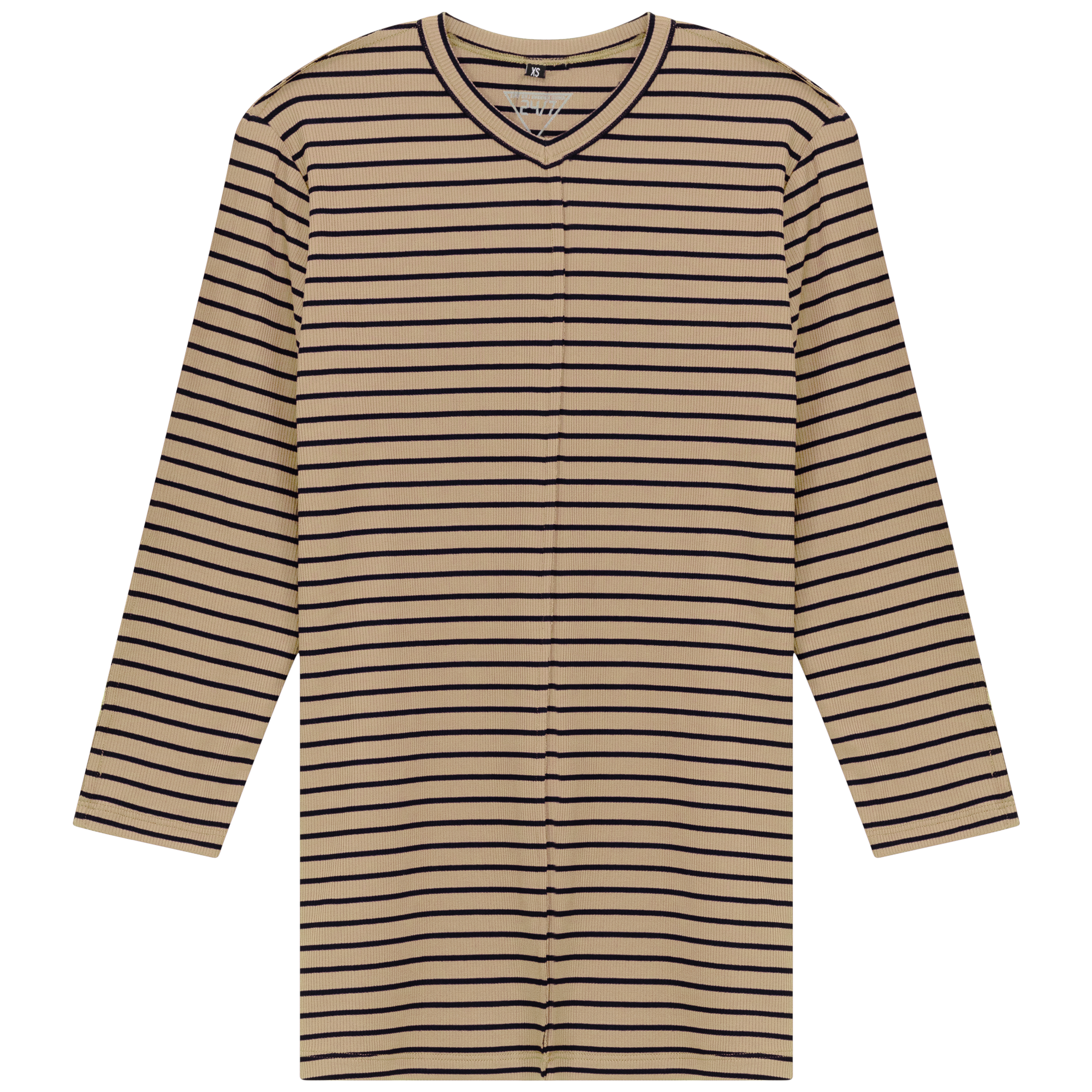 Striped Ribbed V Neck Tee in Beige by 24/7