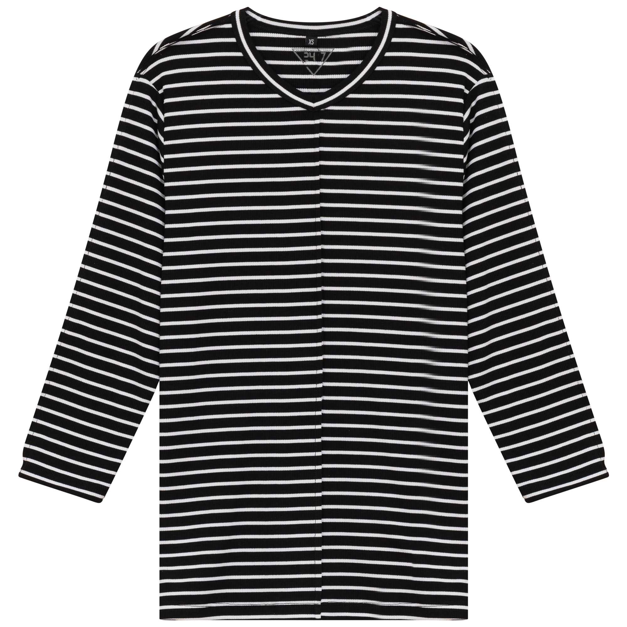 Striped Ribbed V Neck Tee in Black by 24/7