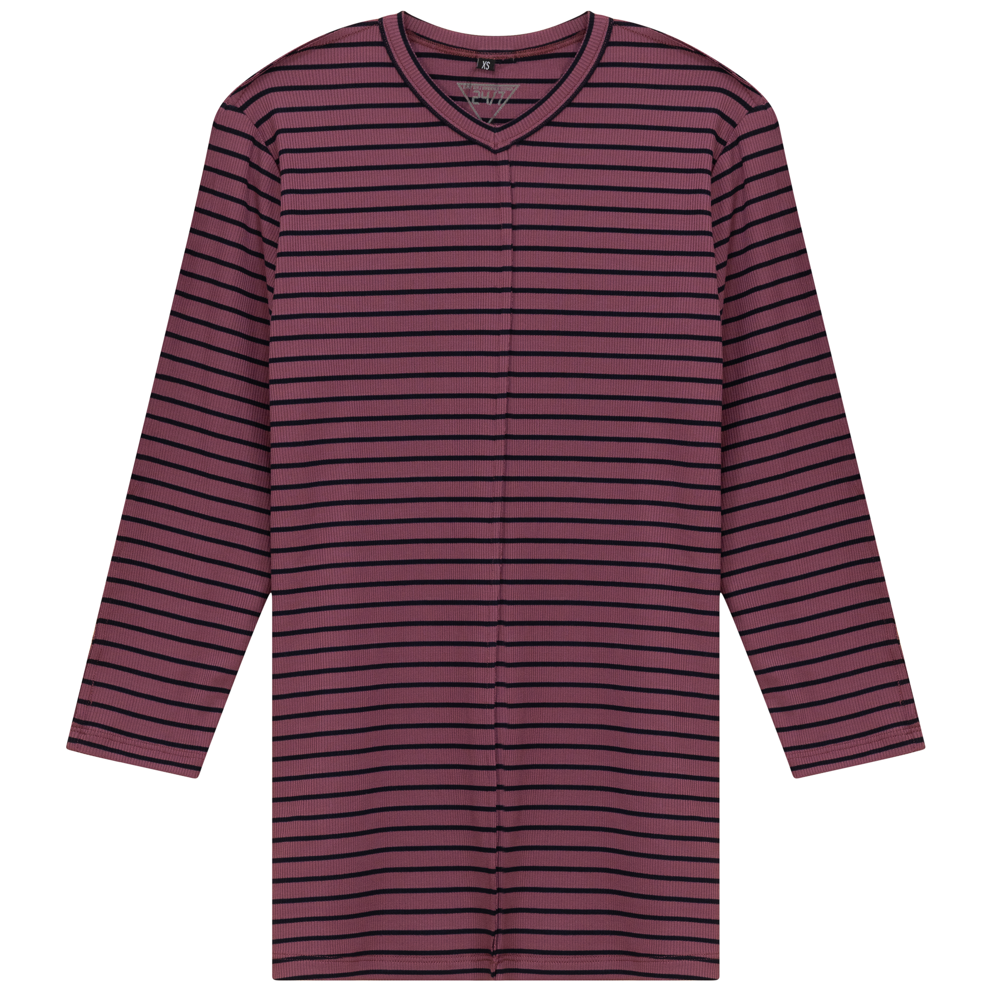Striped Ribbed V Neck Tee in Viola by 24/7