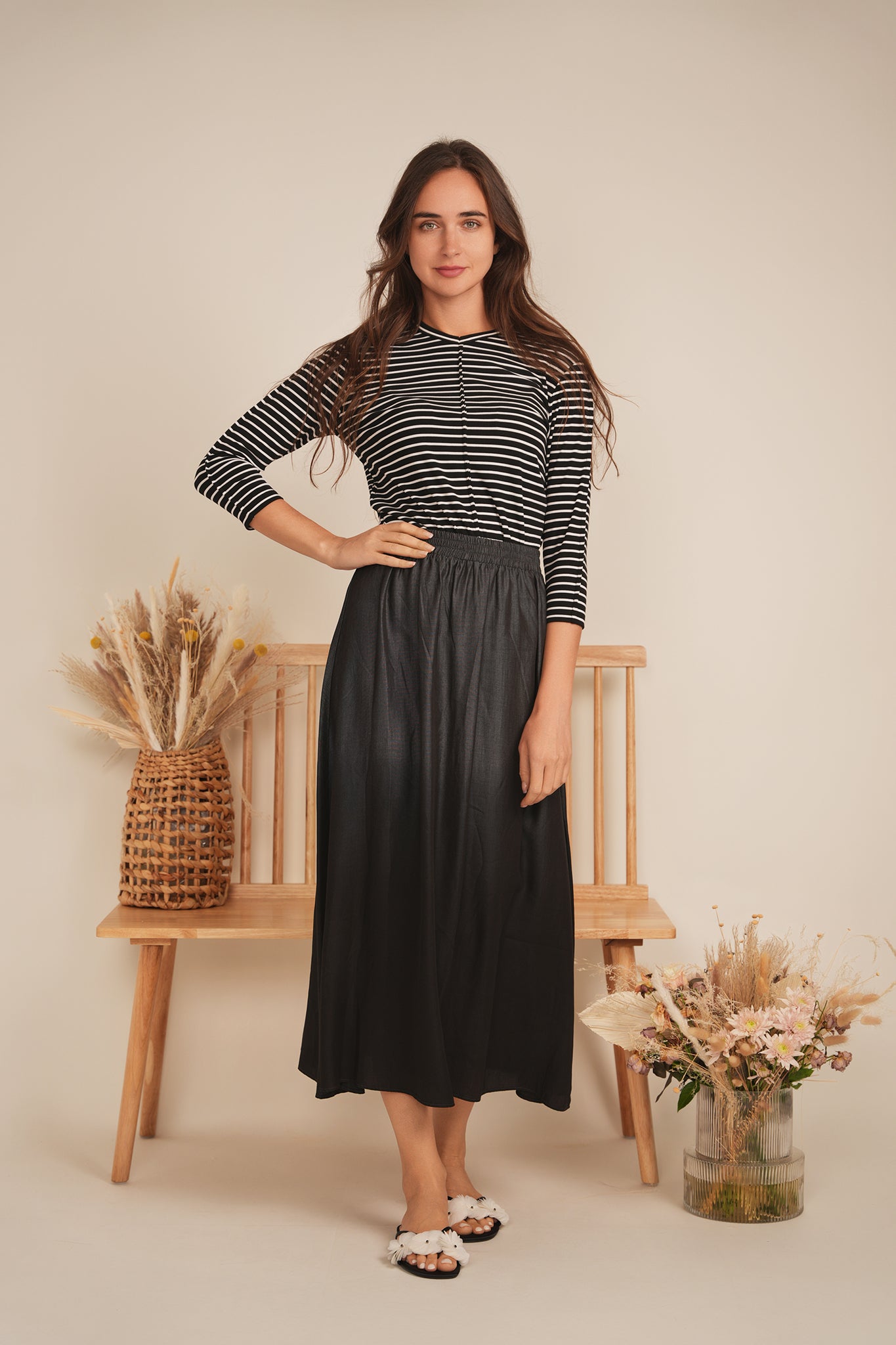 Striped Ribbed V Neck Tee in by 24/7