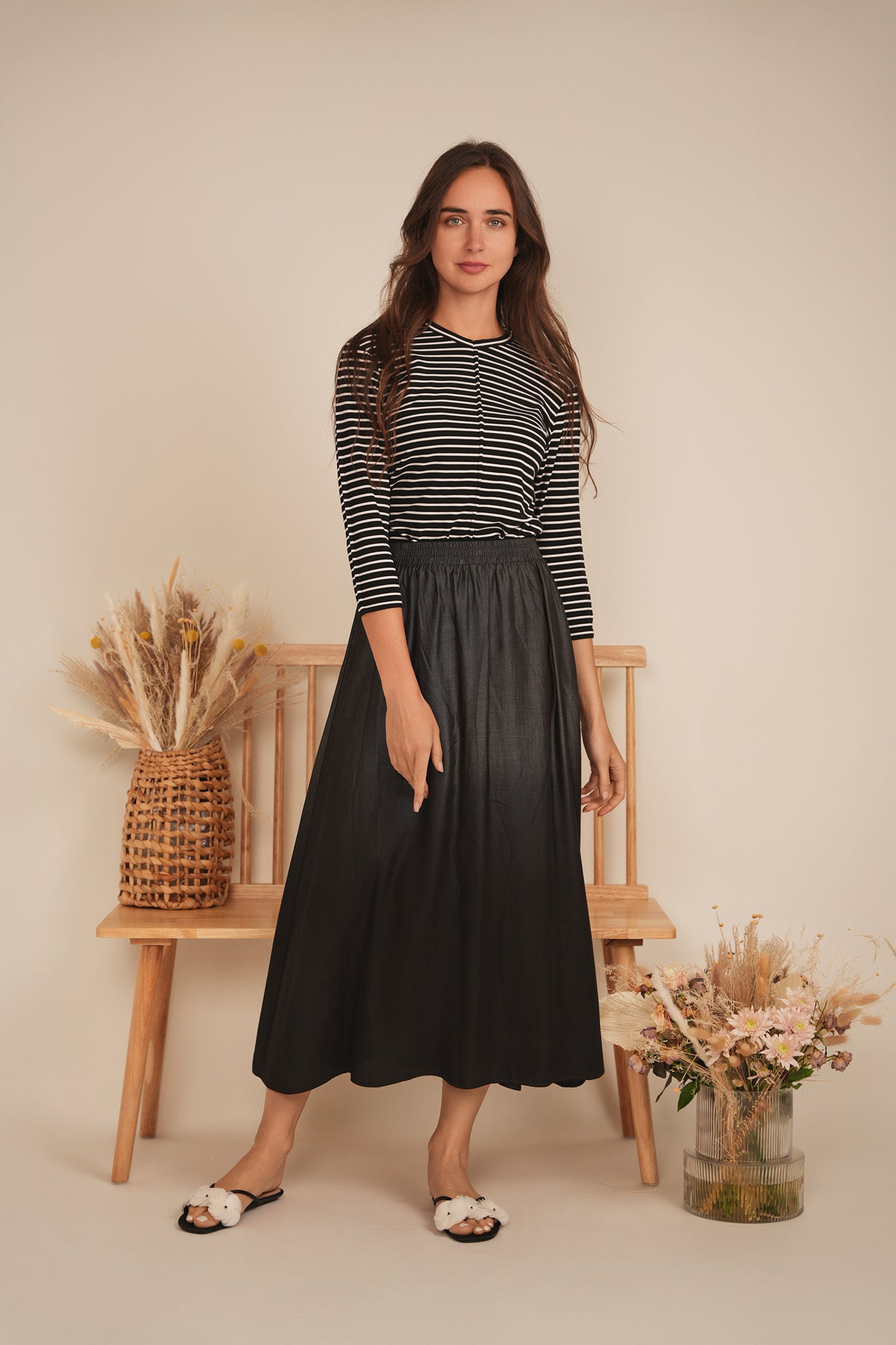 Striped Ribbed V Neck Tee in by 24/7