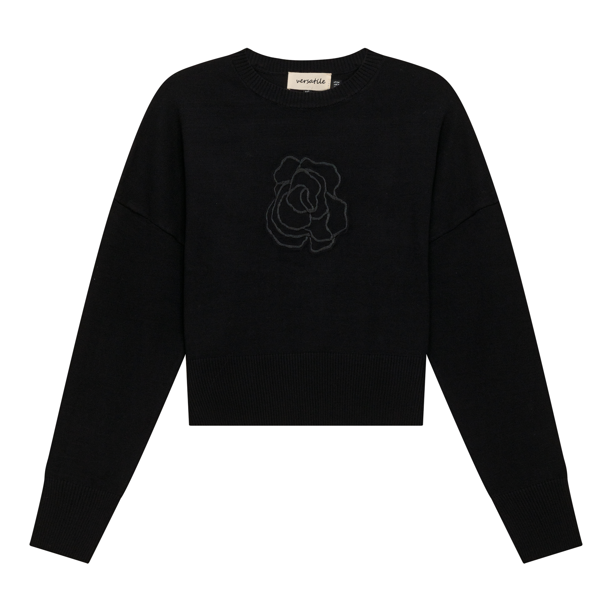 Crew Emboridered Sweater in Black by Versatile