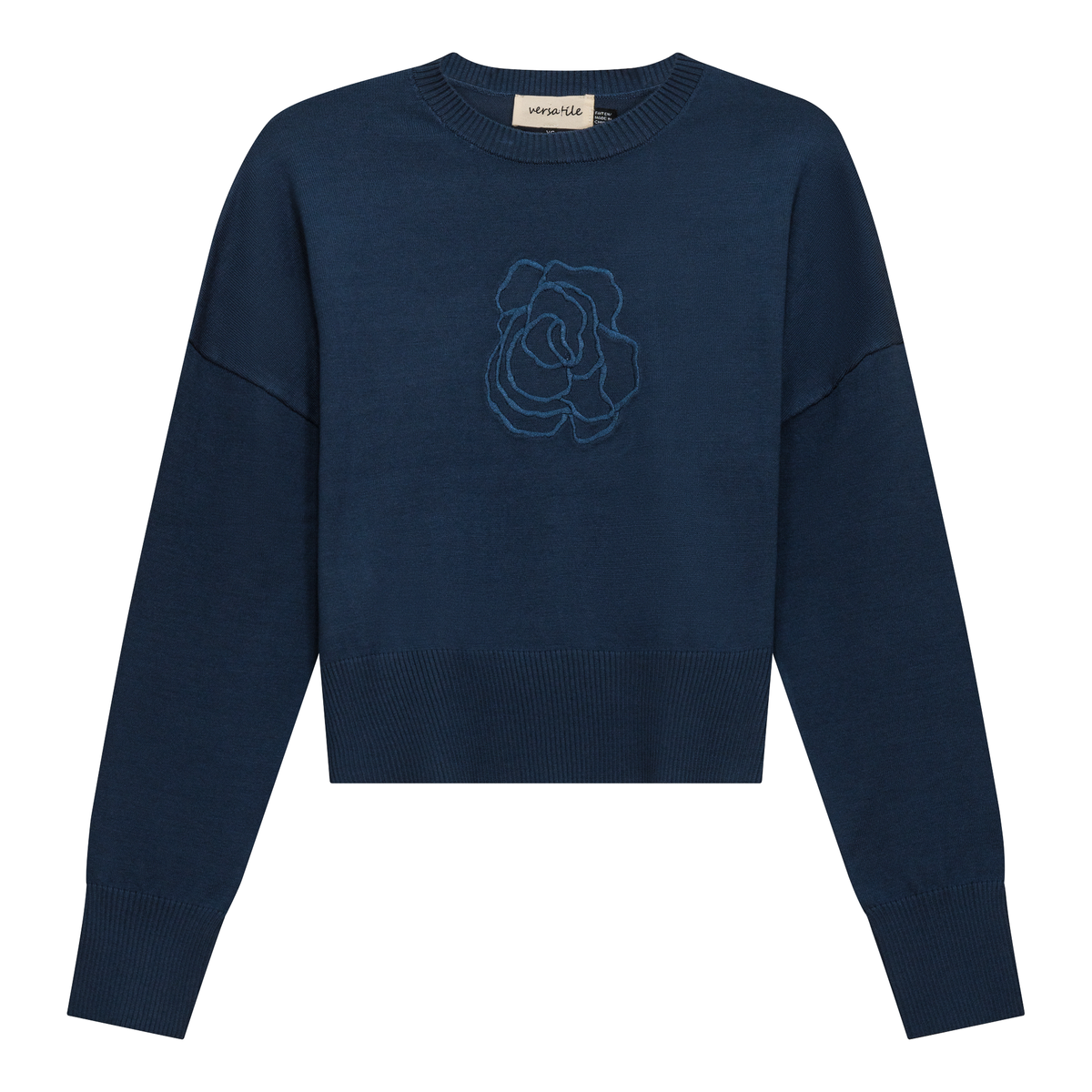 Crew Emboridered Sweater in Dark Denim by Versatile