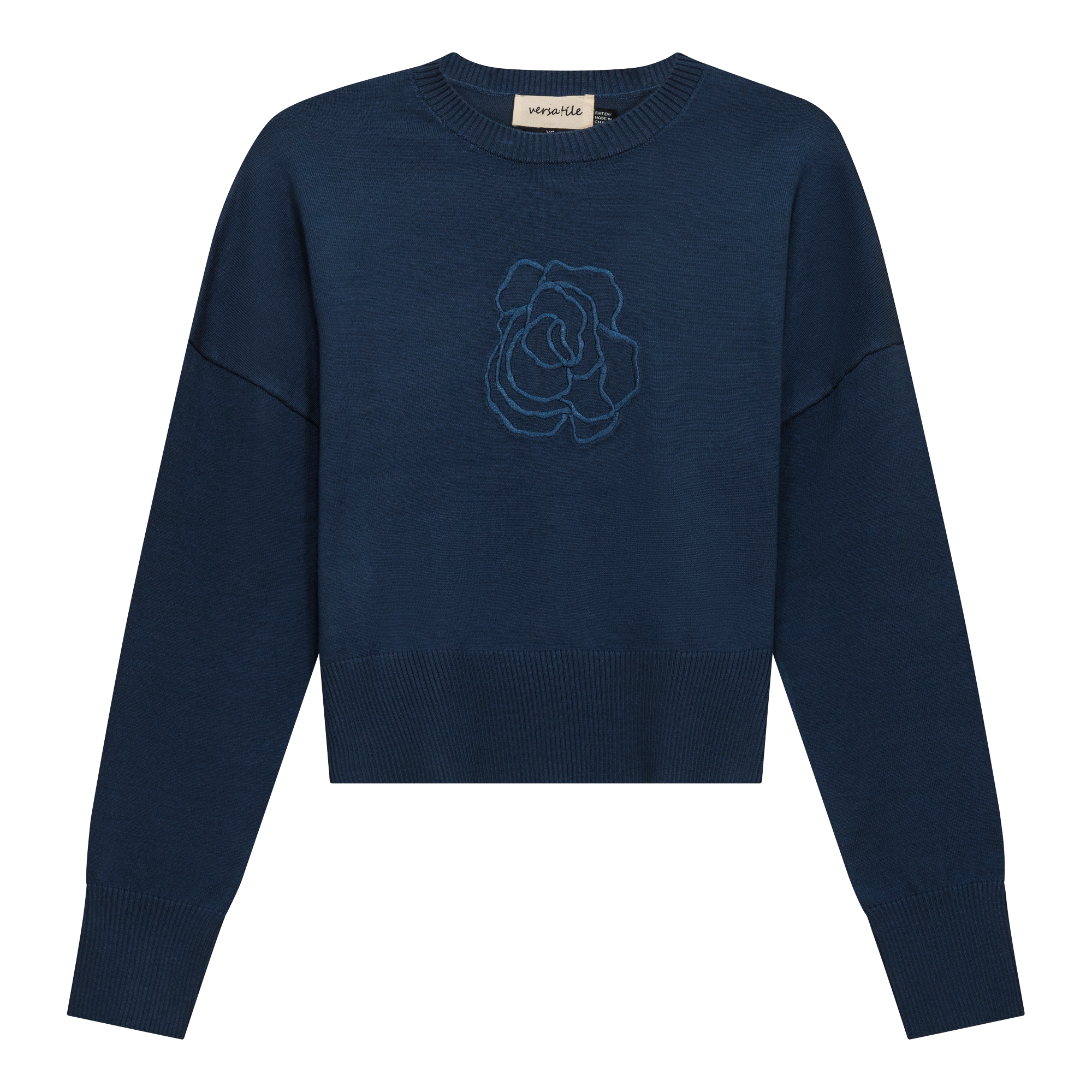 Crew Emboridered Sweater in Dark Denim by Versatile