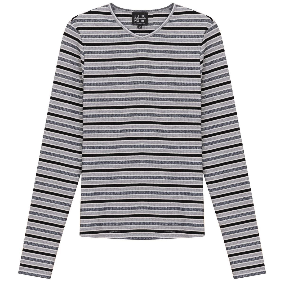 Striped Metalic V Neck Tee in Black Silver by BuHu